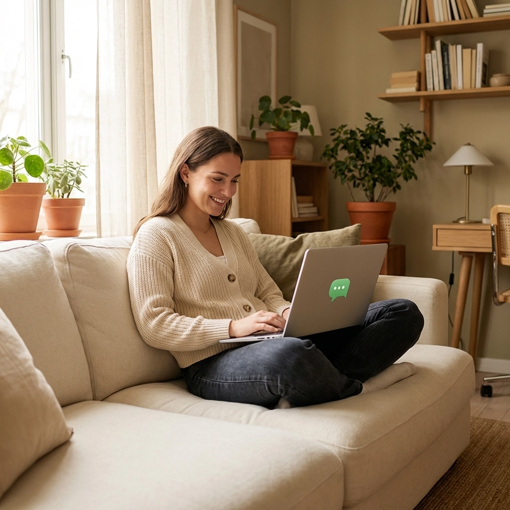 Young professional woman engaging with live chat support on laptop, demonstrating effective communication to boost website conversions