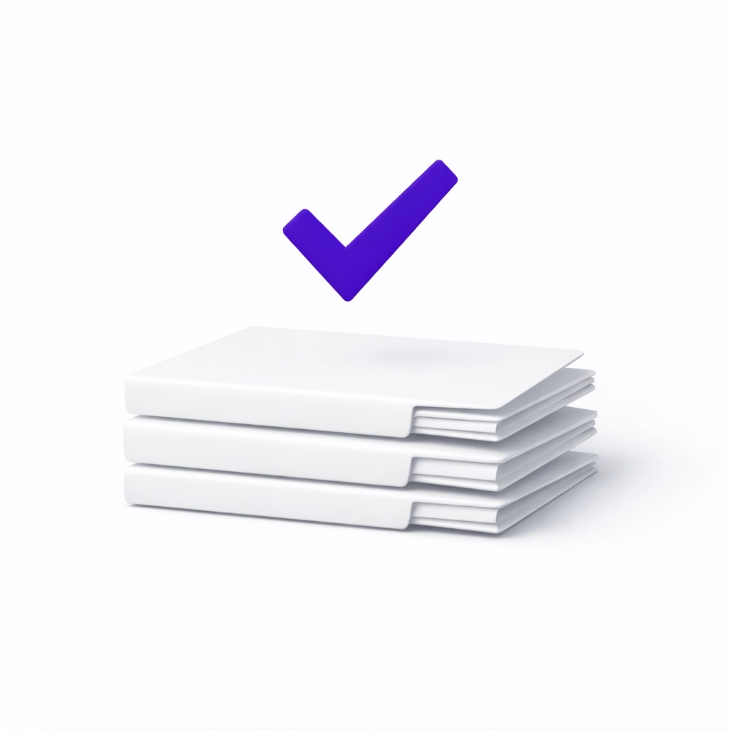 Stacked document folders with a checkmark symbolizing a clean, human-verified bookkeeping workflow.