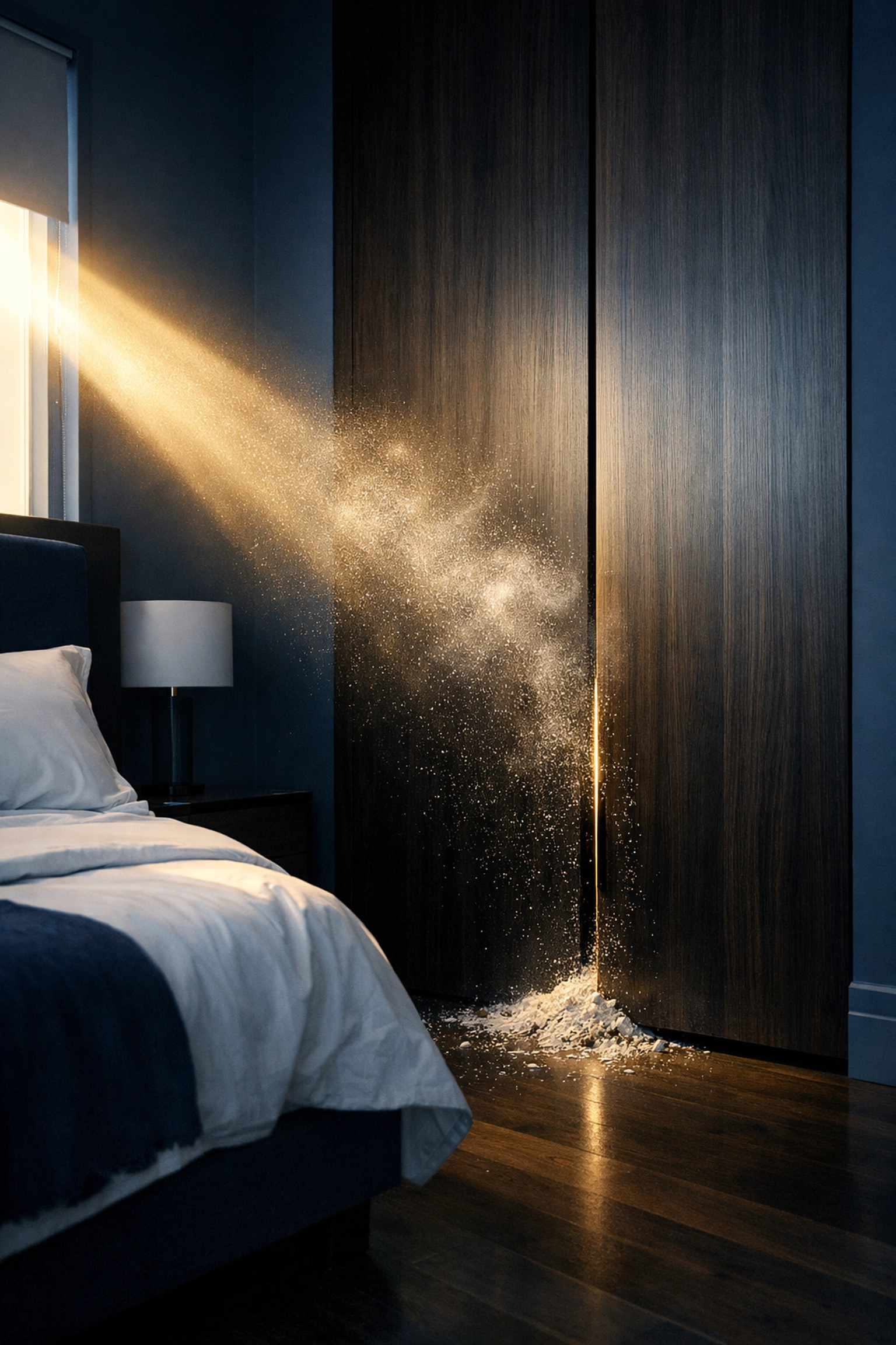 Fine construction dust particles visible in sunlight near a modern bedroom closet door after remodeling.