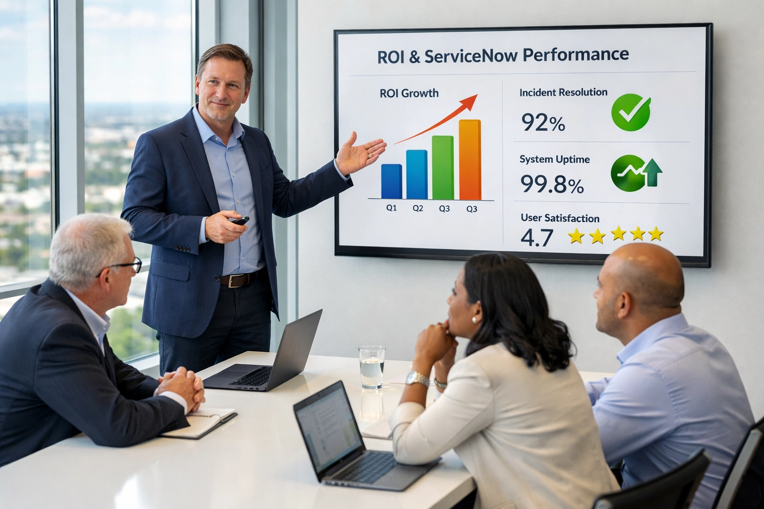 ServiceNow consulting team presenting ROI analysis and implementation strategy to executives