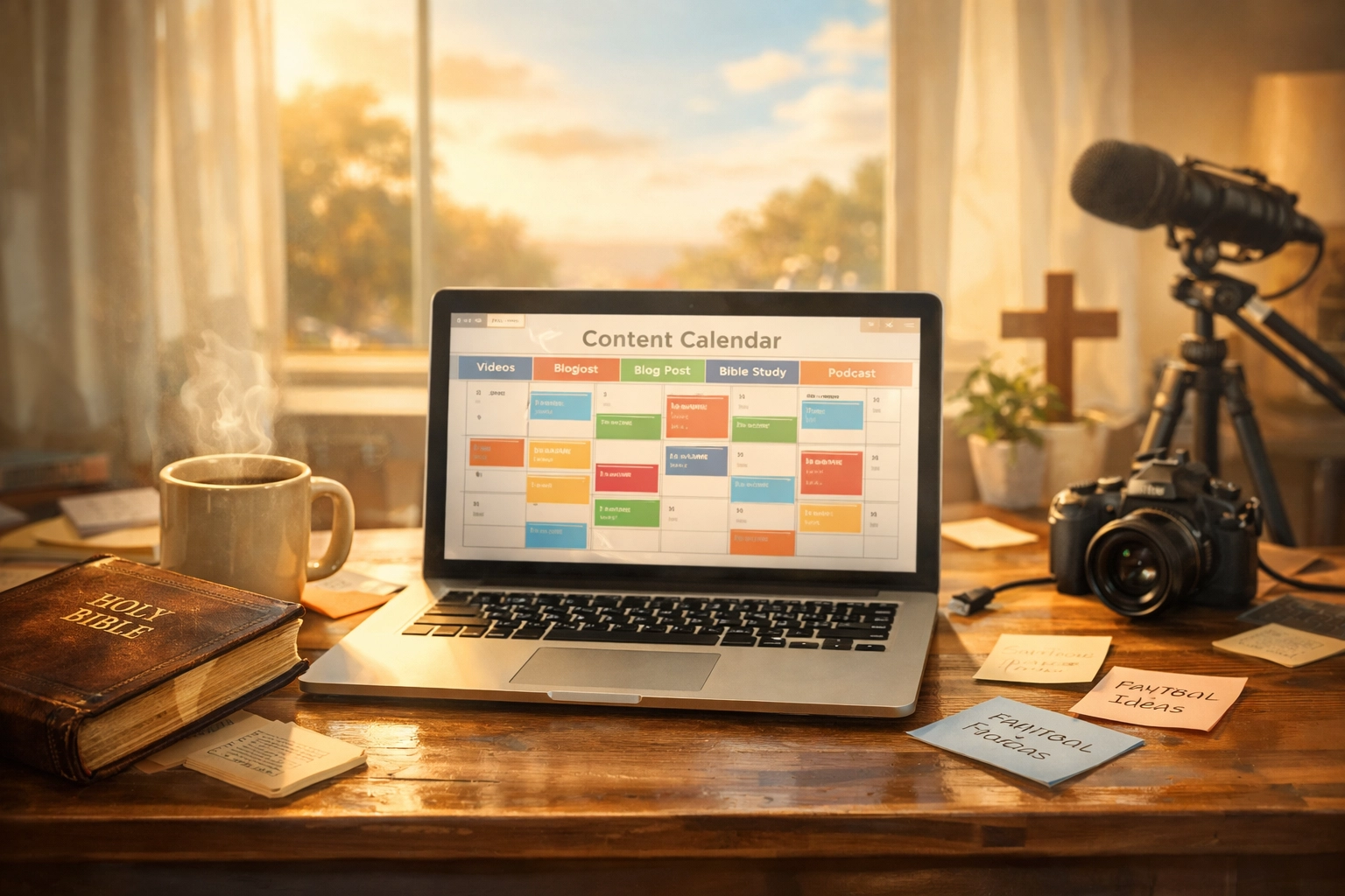 Christian content creator workspace with laptop, Bible, and coffee for blog planning
