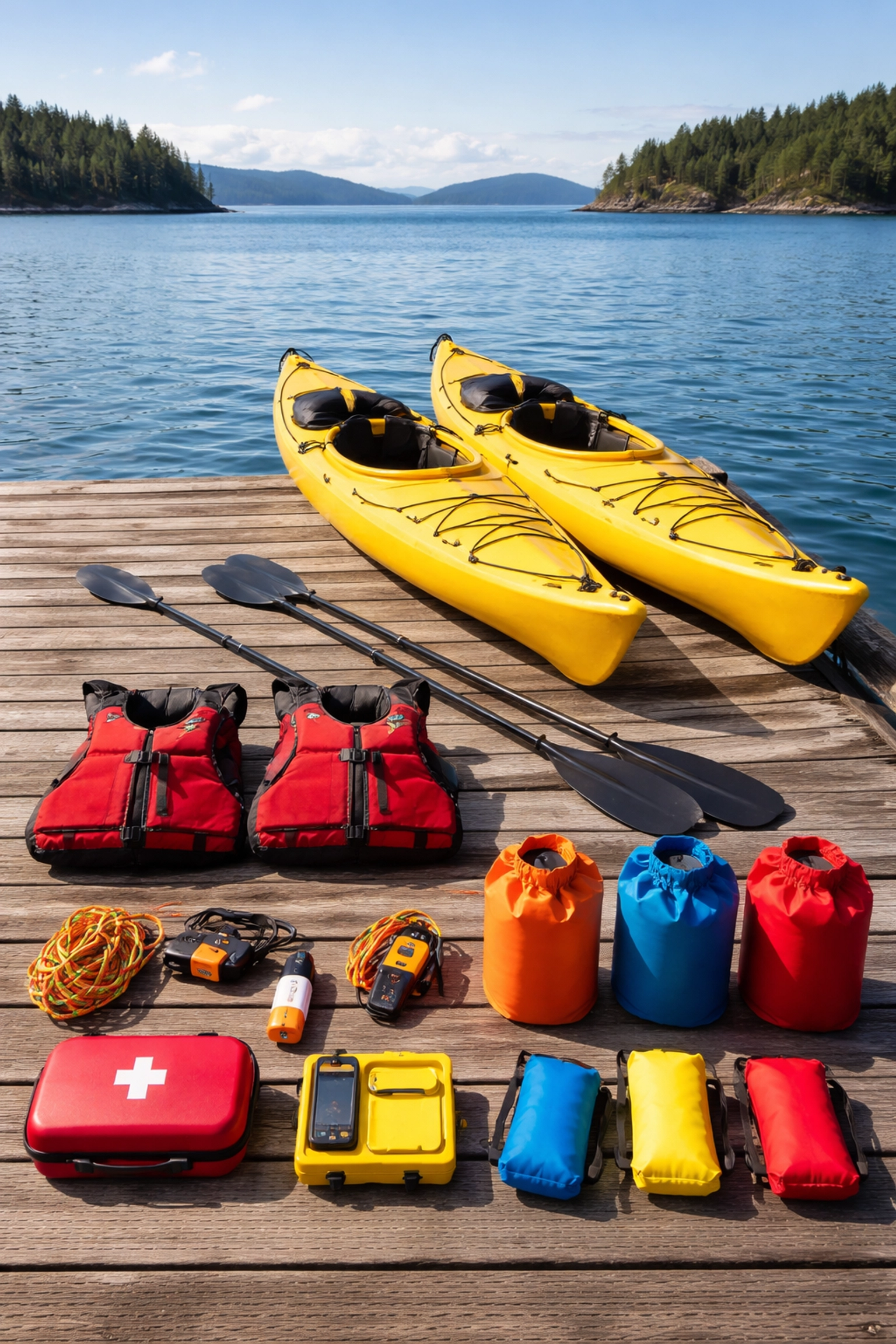 Kayaking safety equipment and supplies organized on a dock overlooking San Juan Islands waters and forests