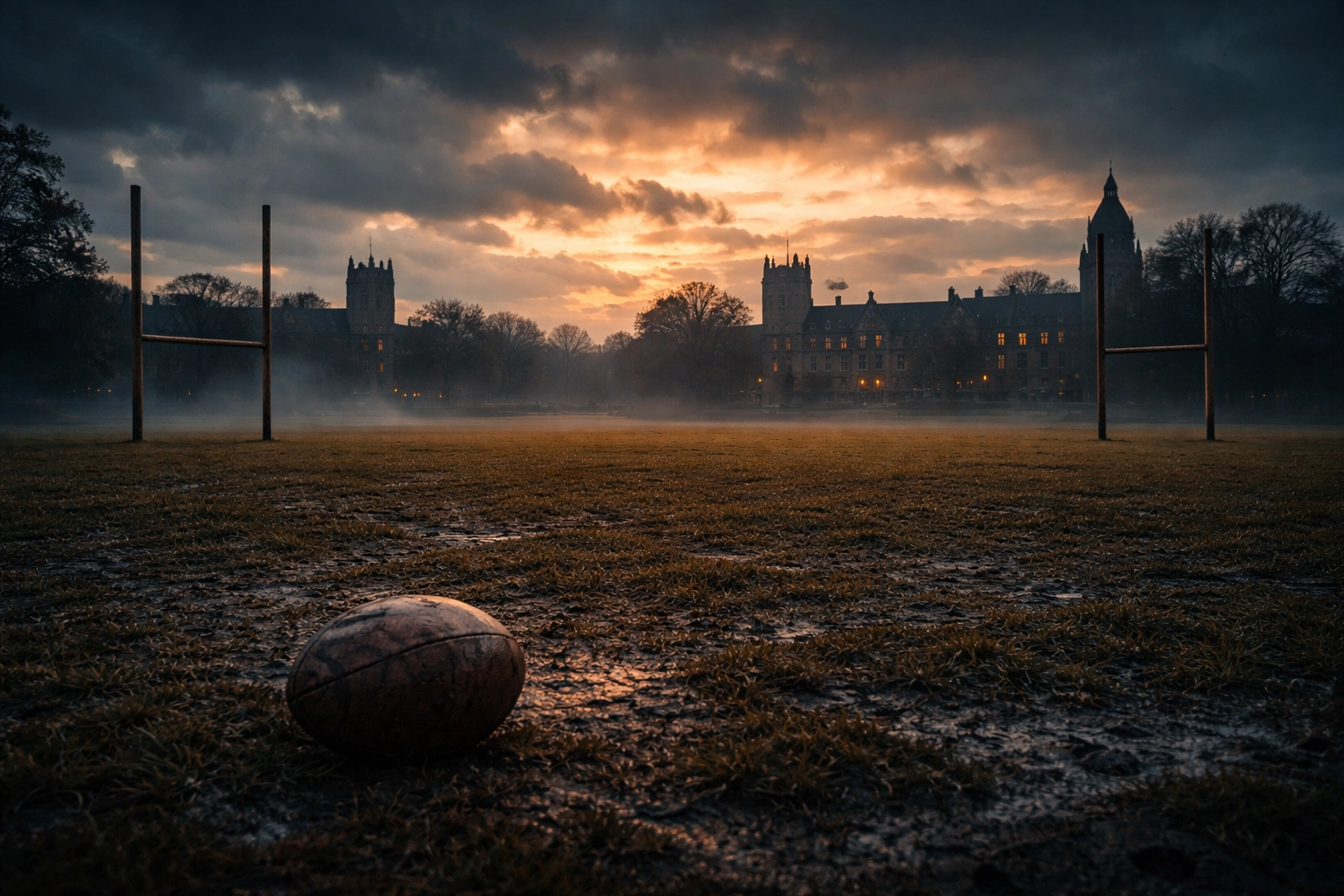Abandoned 19th-century football field at dusk with muddy grass, empty goal posts, and a deflated round ball, symbolizing the birth of a college football rivalry