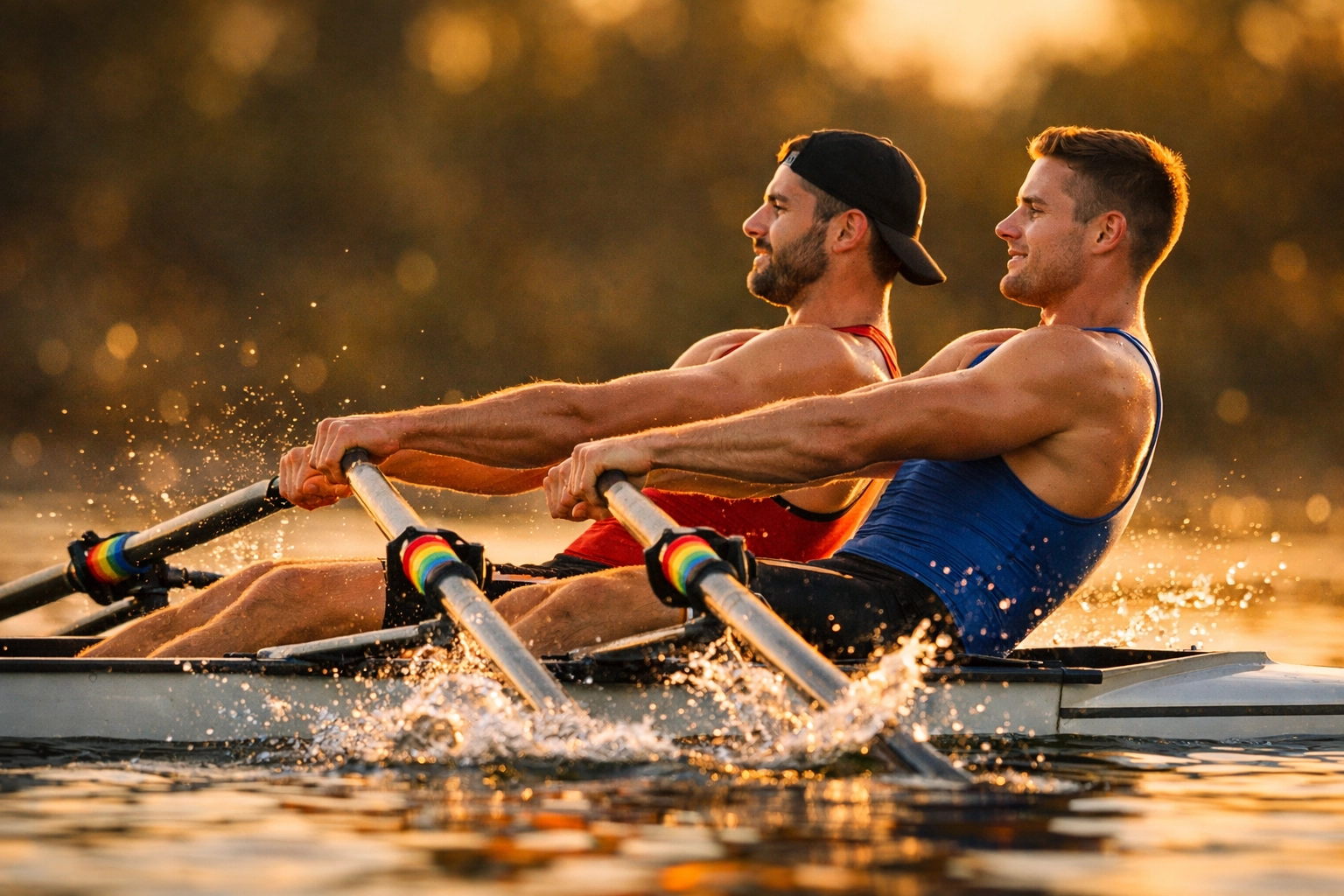 Two gay male rowers moving in perfect sync during golden hour rowing session
