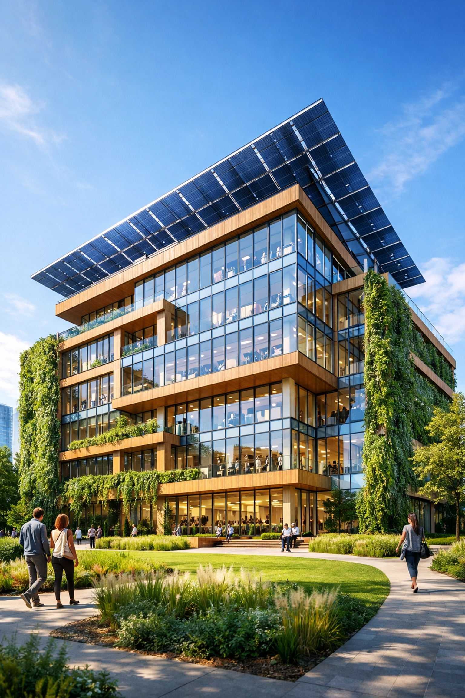 Sustainable commercial building with roof-mounted solar panels to increase property value.