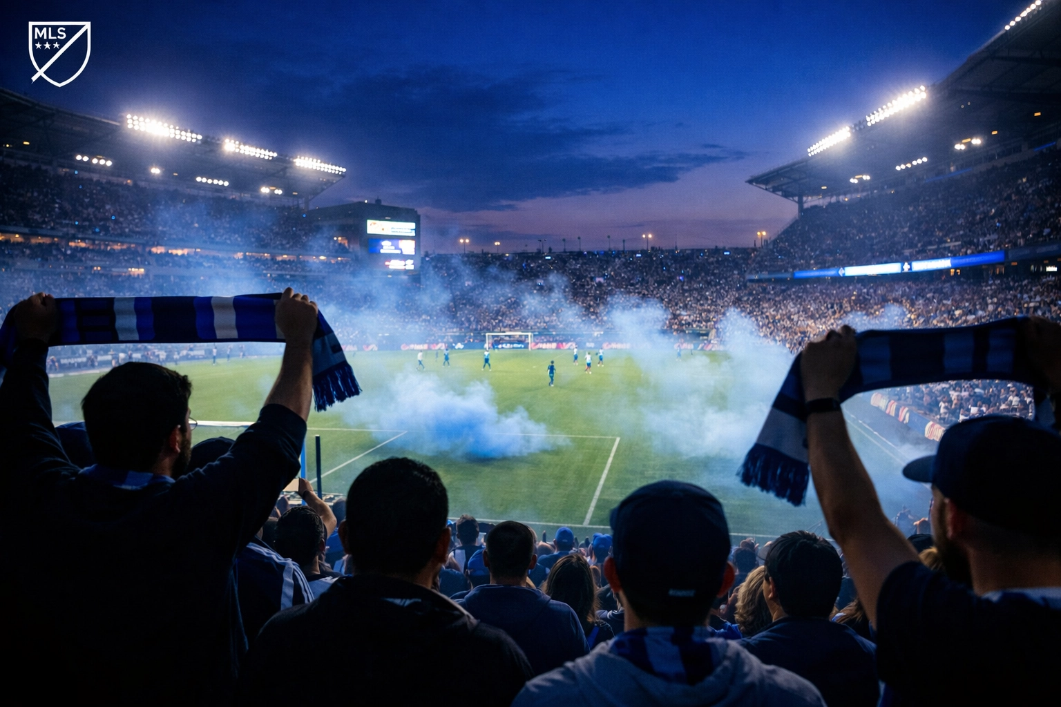 Passionate CF Montréal fans celebrating with blue scarves at a high-energy evening soccer match.
