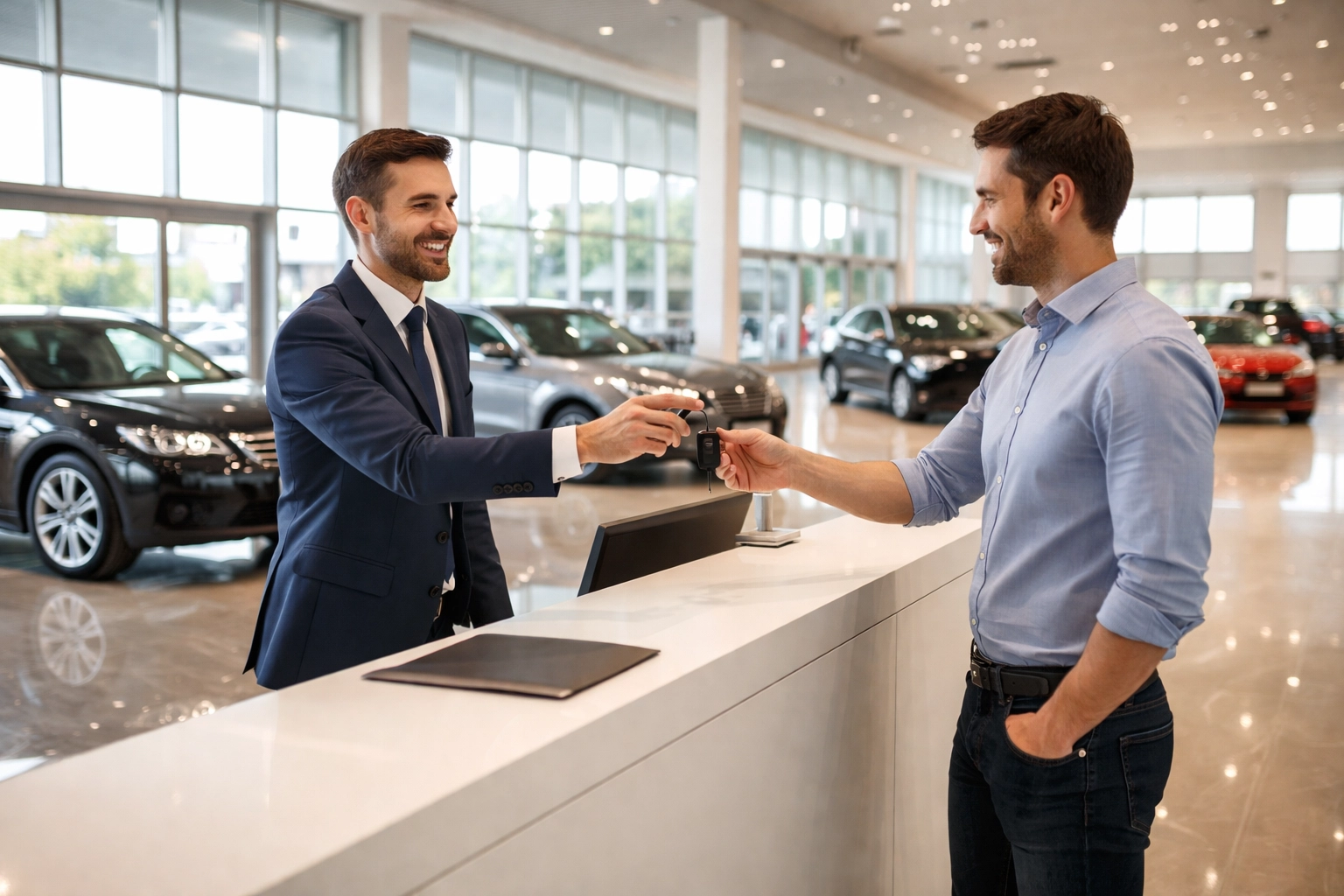 Auto dealership staff handing car keys to a customer, showing the need for commercial bonds in auto sales and licensing compliance.