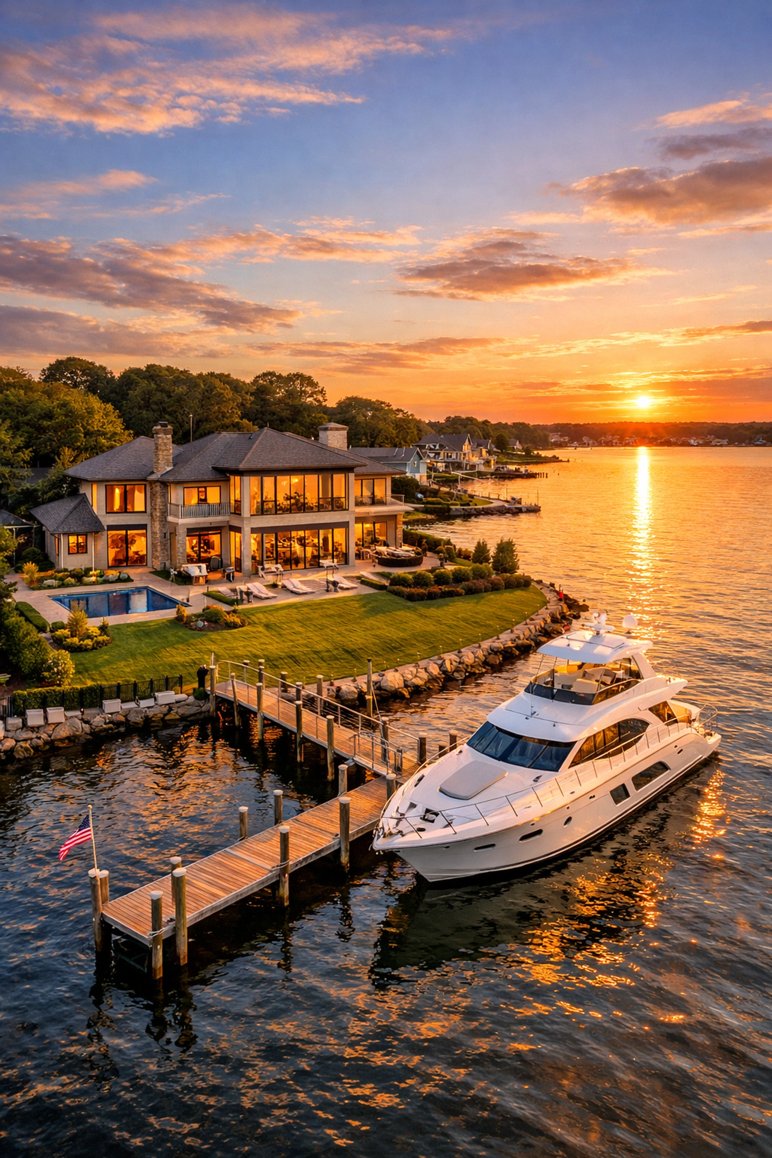Luxury waterfront estate in Warwick RI with private dock on Greenwich Bay
