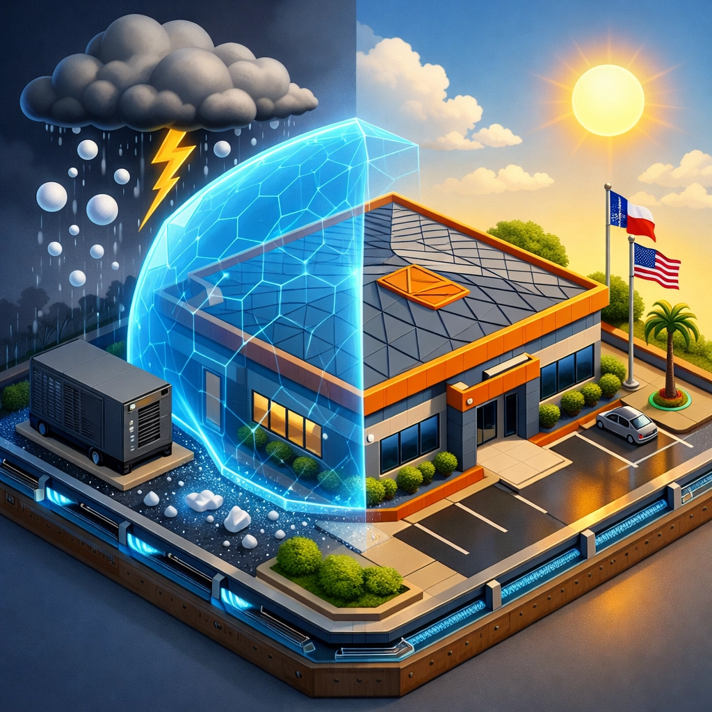 Hardened commercial property in Texas showing storm resilience and protection for 2026 business insurance.