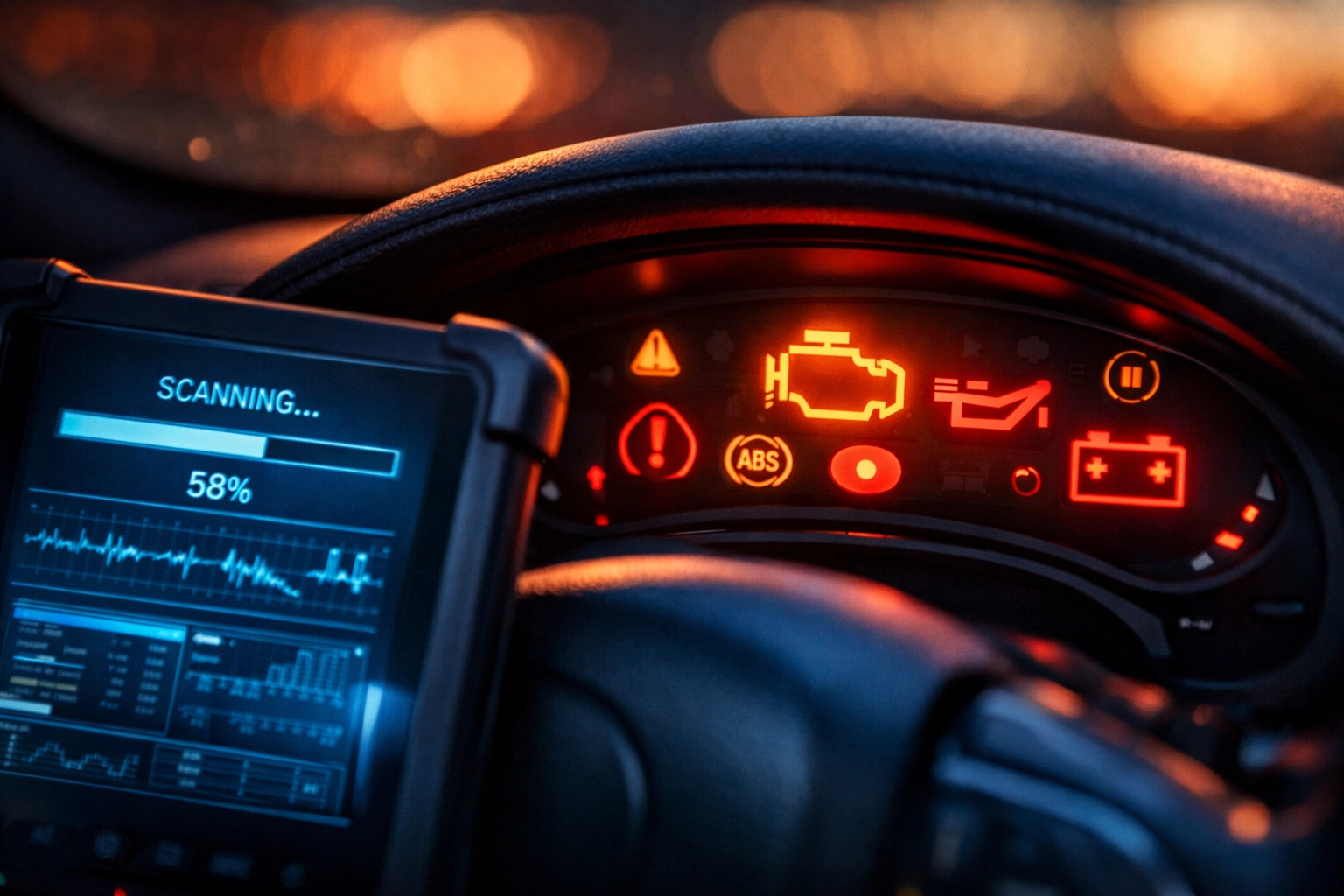 Professional diagnostic tool scanning a car dashboard with multiple warning lights during an inspection.
