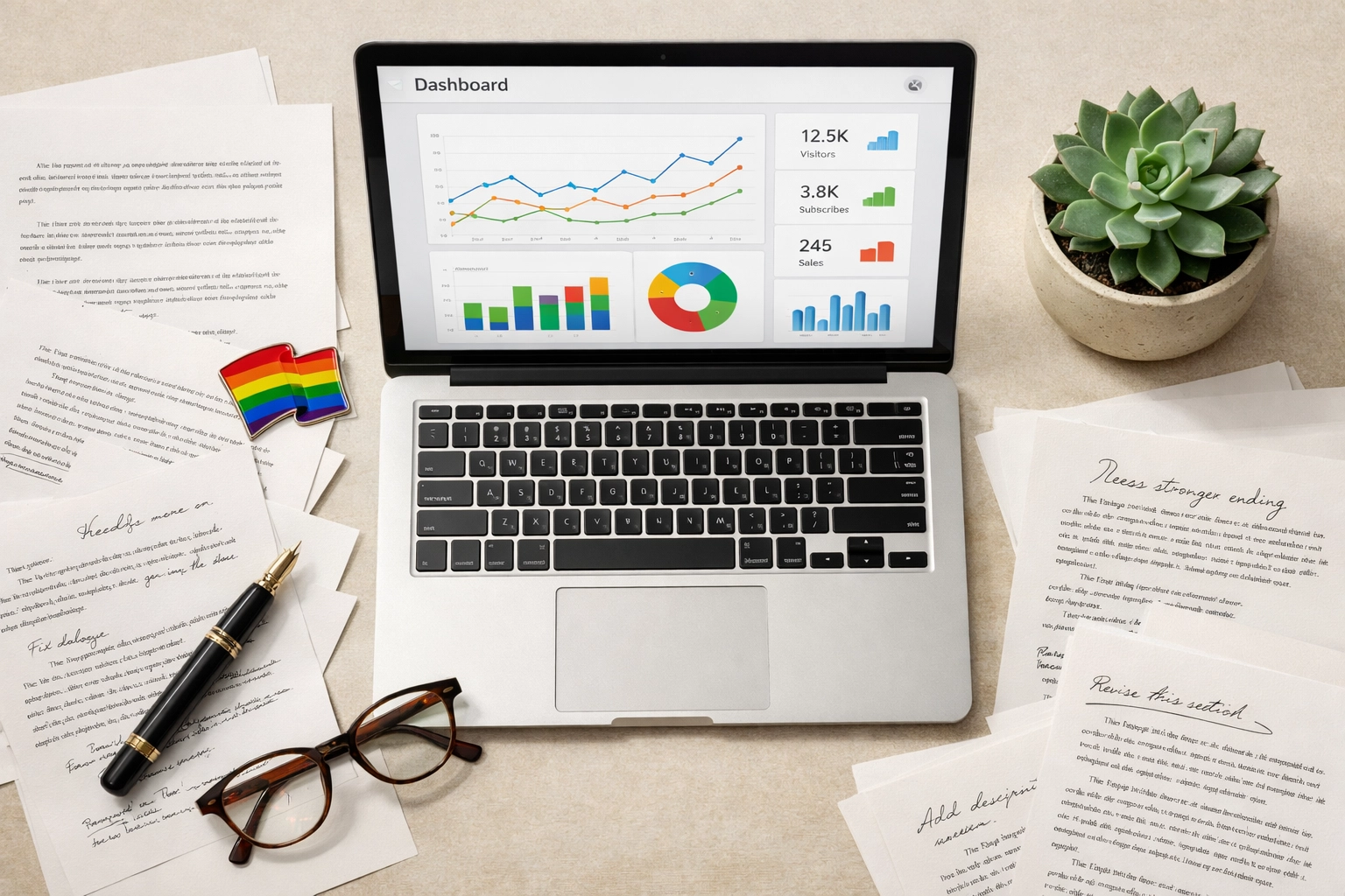 LGBTQ+ writer's workspace with analytics dashboard and manuscript pages