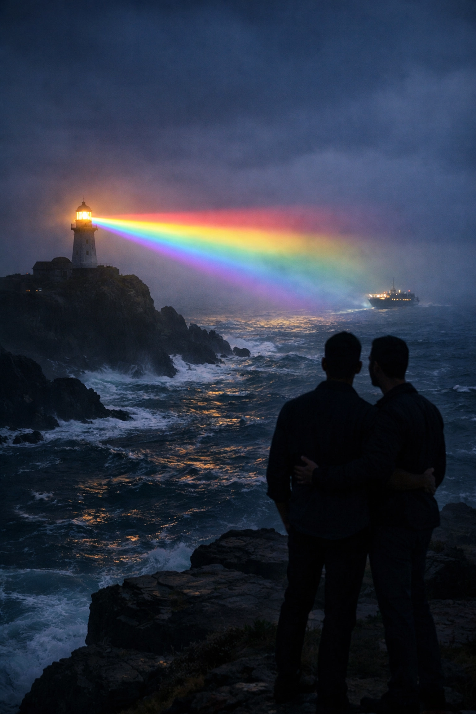 A gay couple watching a rainbow lighthouse beam, illustrating the guiding power of raw truth in contemporary gay fiction.