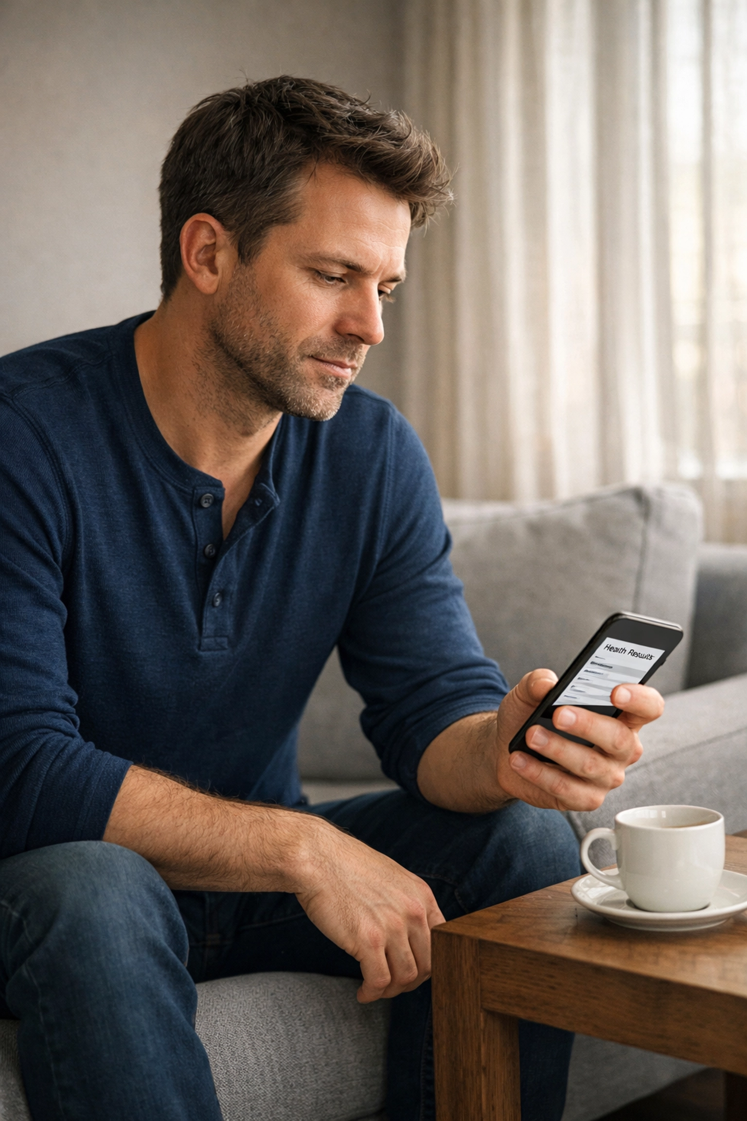 Professional checking testosterone test results on smartphone at home in UK