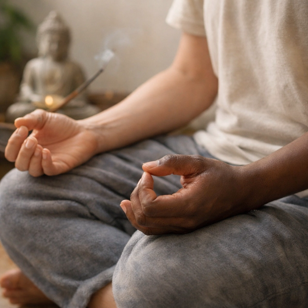Hands in meditation mudra showing Buddhist mindfulness practice and queer self-acceptance