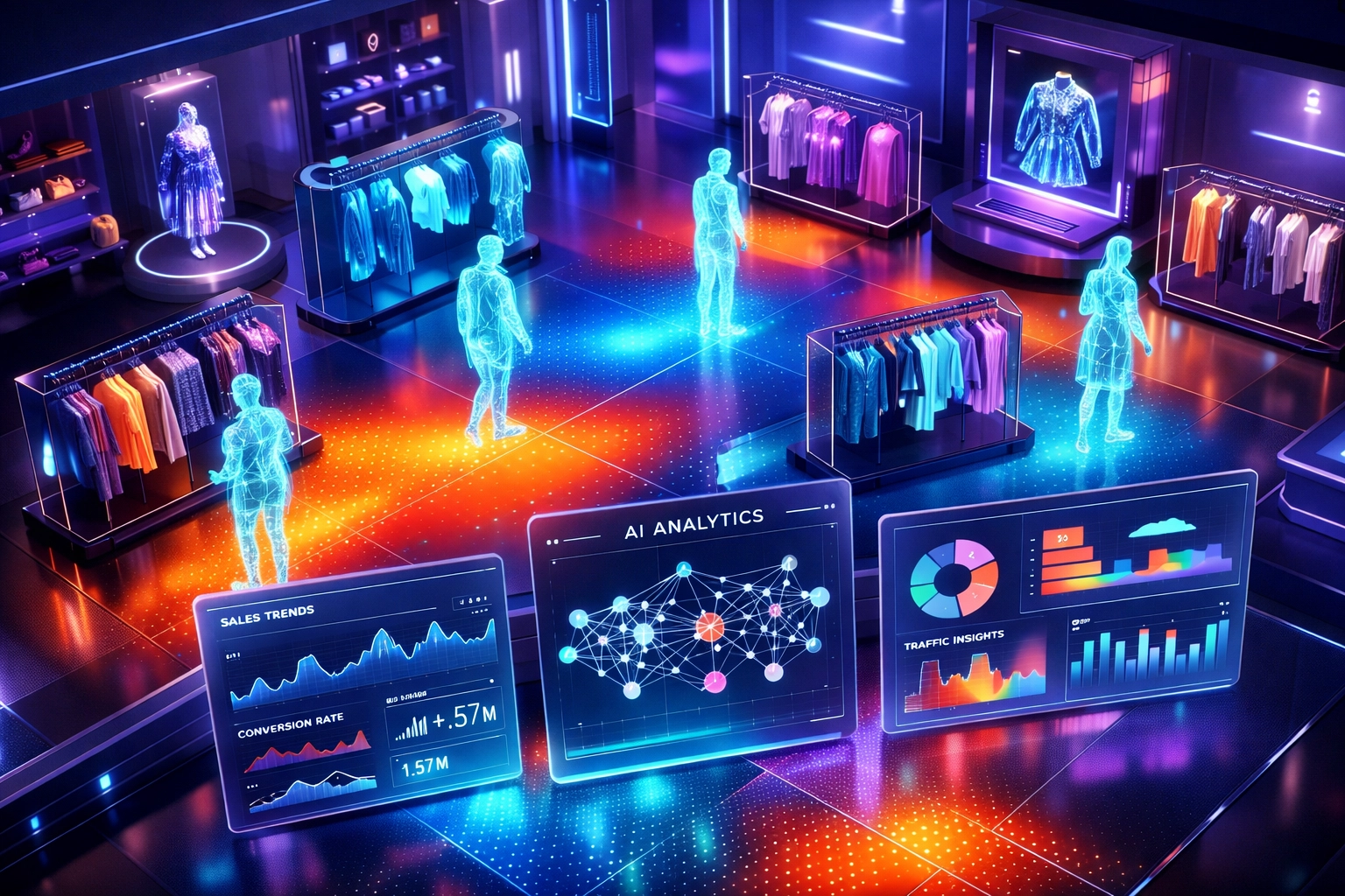 Larecoin AI merchant analytics dashboard in a metaverse boutique with customer heatmaps and holographic shopping data.