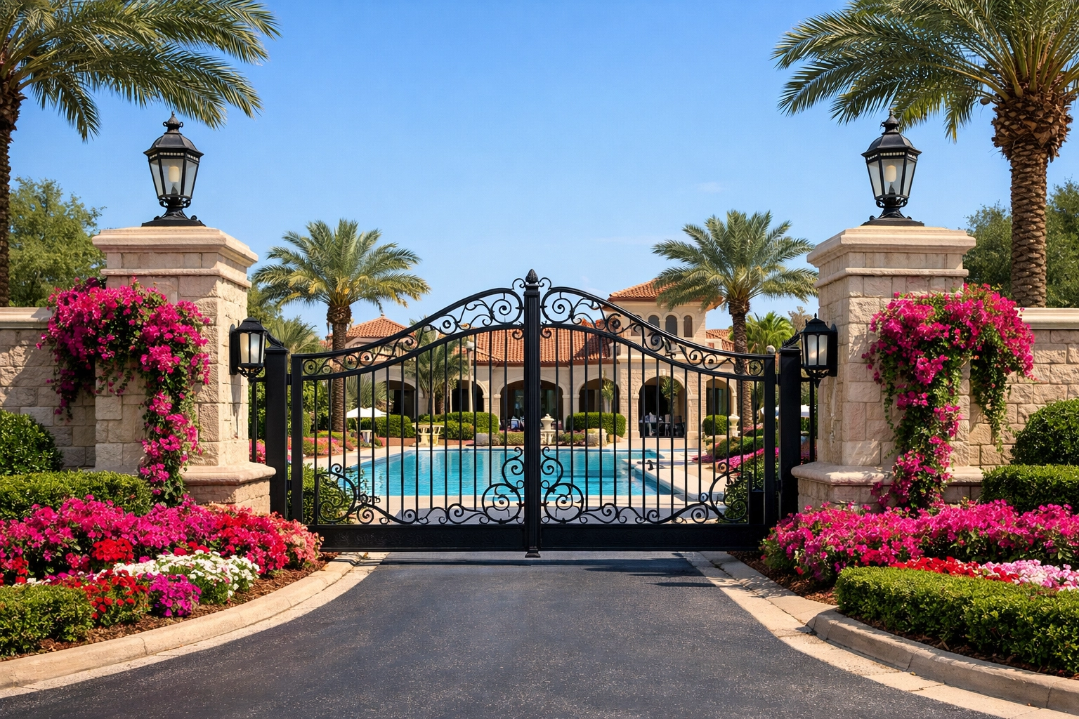 Grand stone entrance and manicured gardens of gated communities in Cape Coral Florida.
