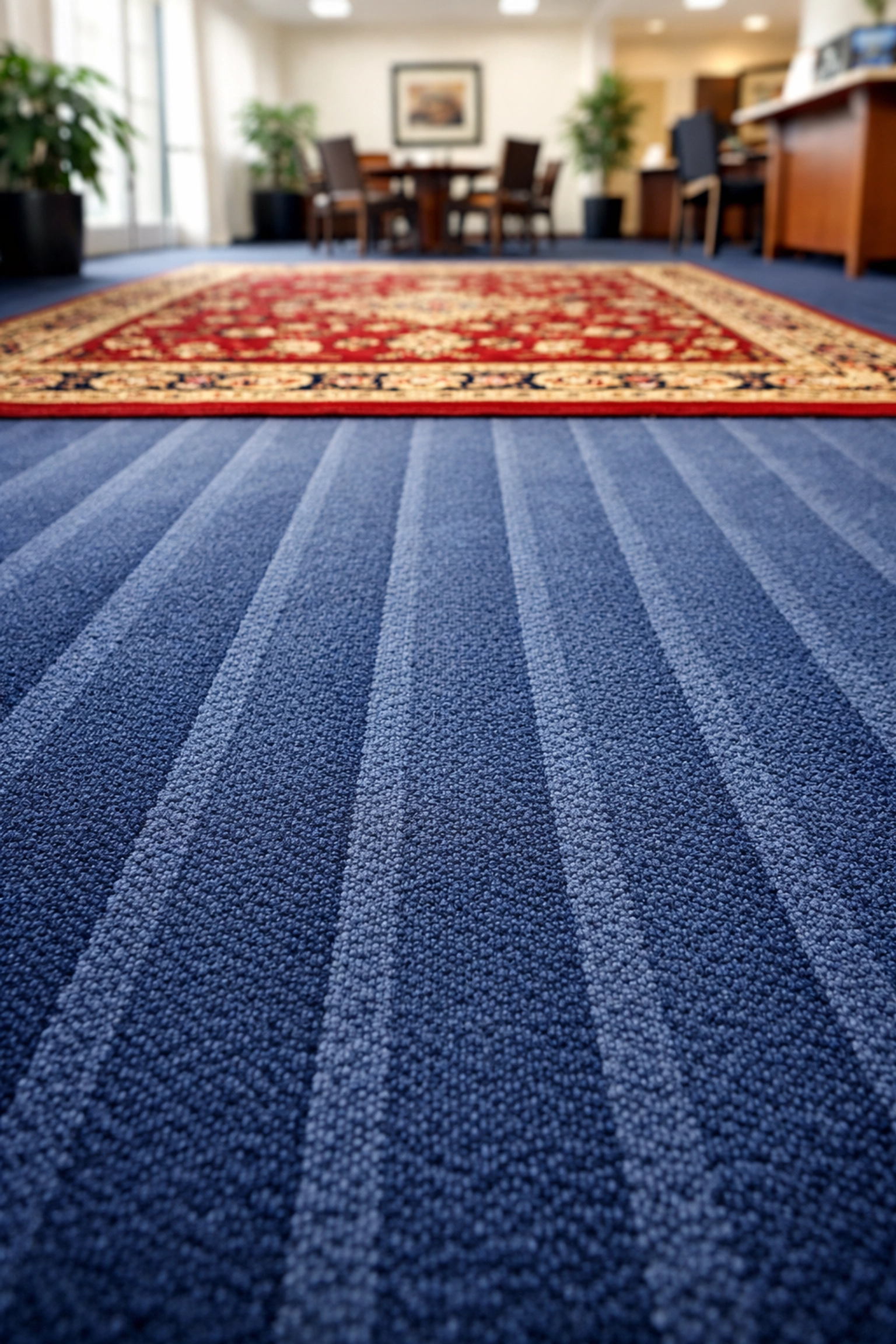 Clean commercial carpet with visible vacuum lines and a refreshed Oriental rug in a professional workspace.