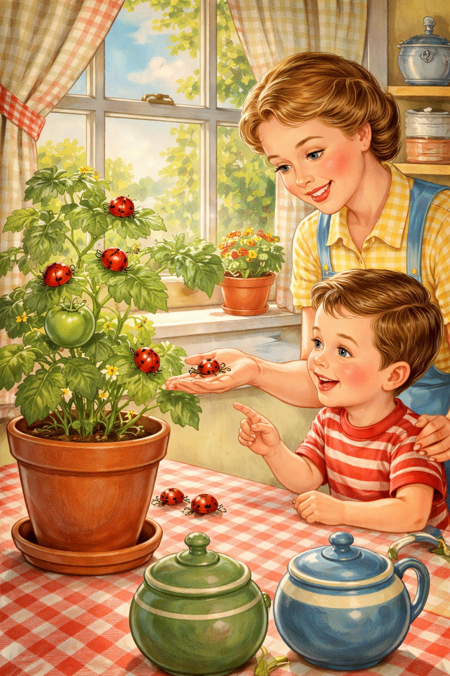 A parent and child release ladybugs onto a tomato plant in a kitchen, demonstrating indoor garden pest control for families.