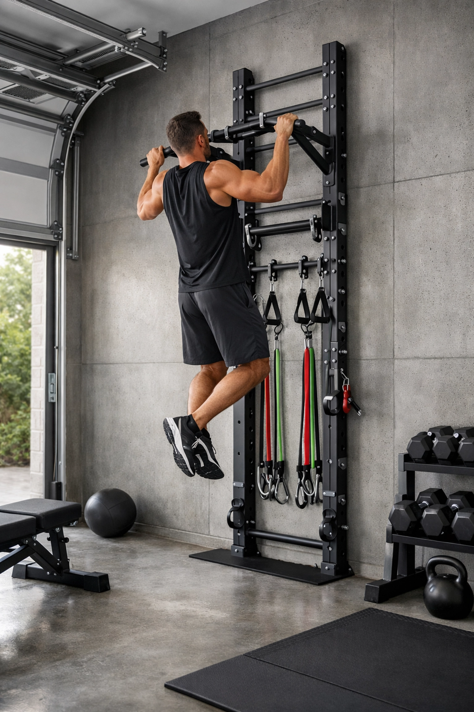 Athlete performing pull-ups on floor to ceiling gym system in modern home garage training space