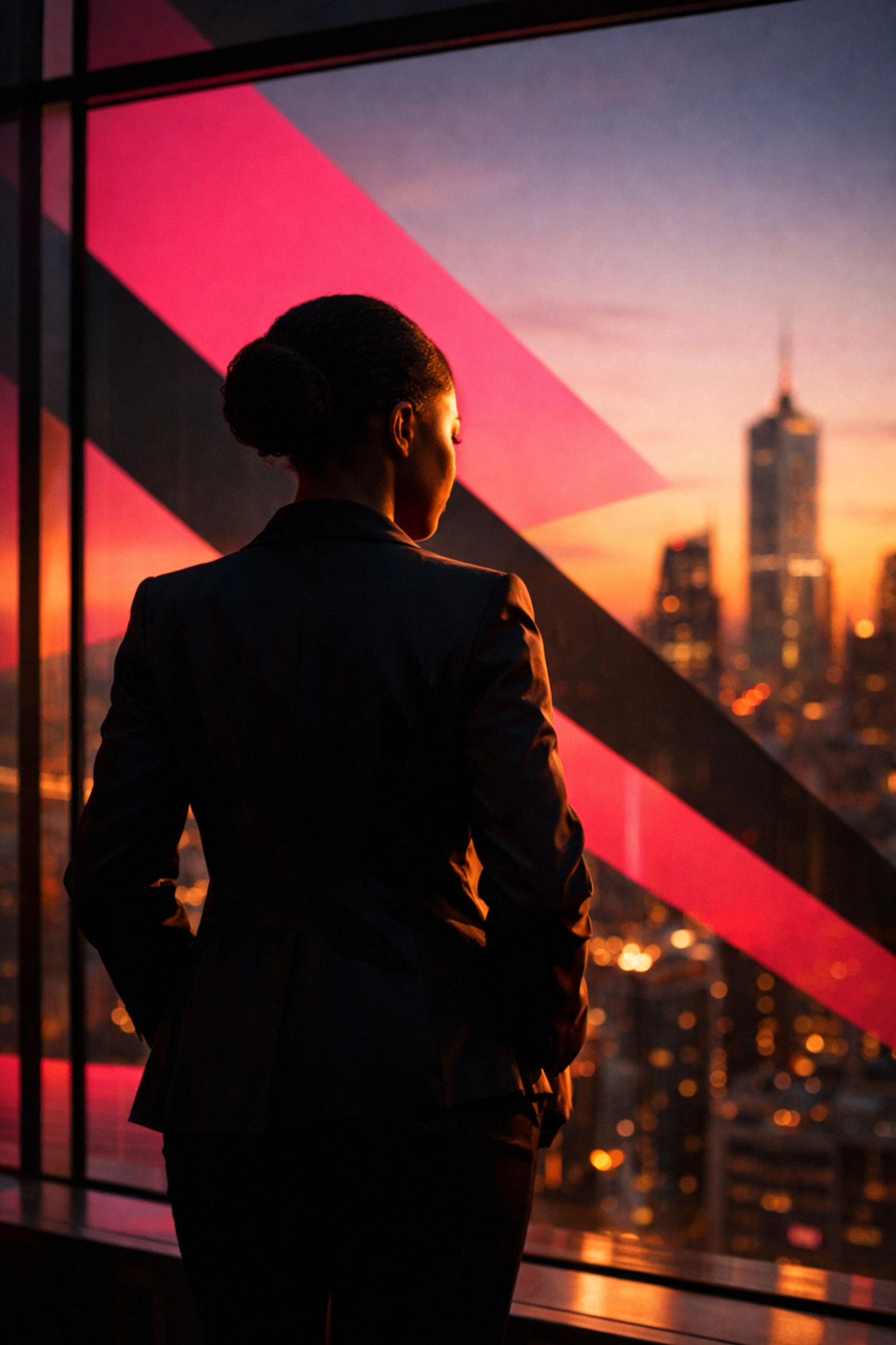 First-generation professional woman overlooking city skyline symbolizing career success and pressure