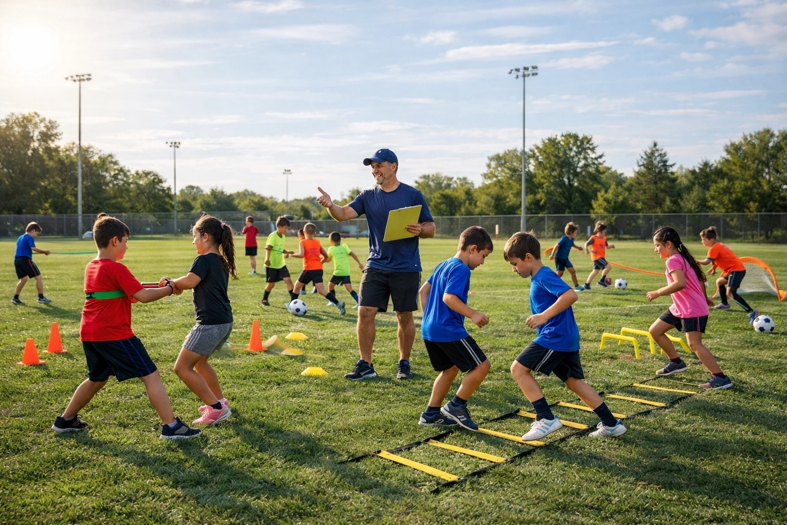 Youth sports practice session showing multiple training stations with coaches and young athletes