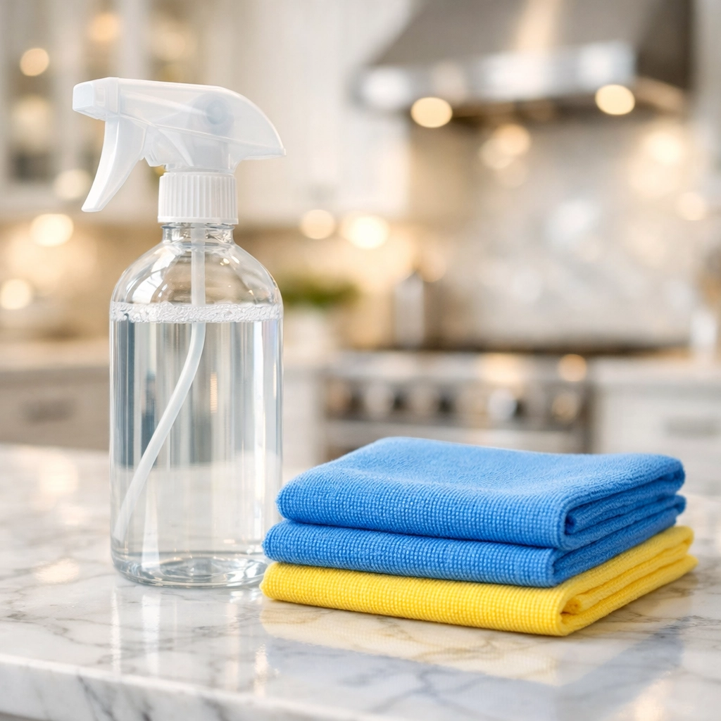 Eco-friendly products used for a healthy and professional house cleaning Natick MA in a luxury kitchen.