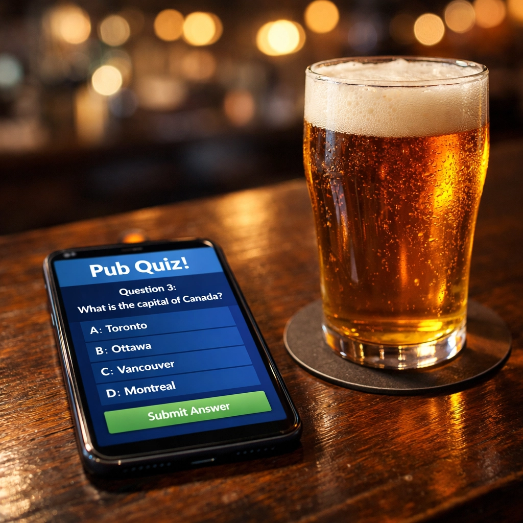 Smartphone quiz platform interface on bar next to pint of beer in pub