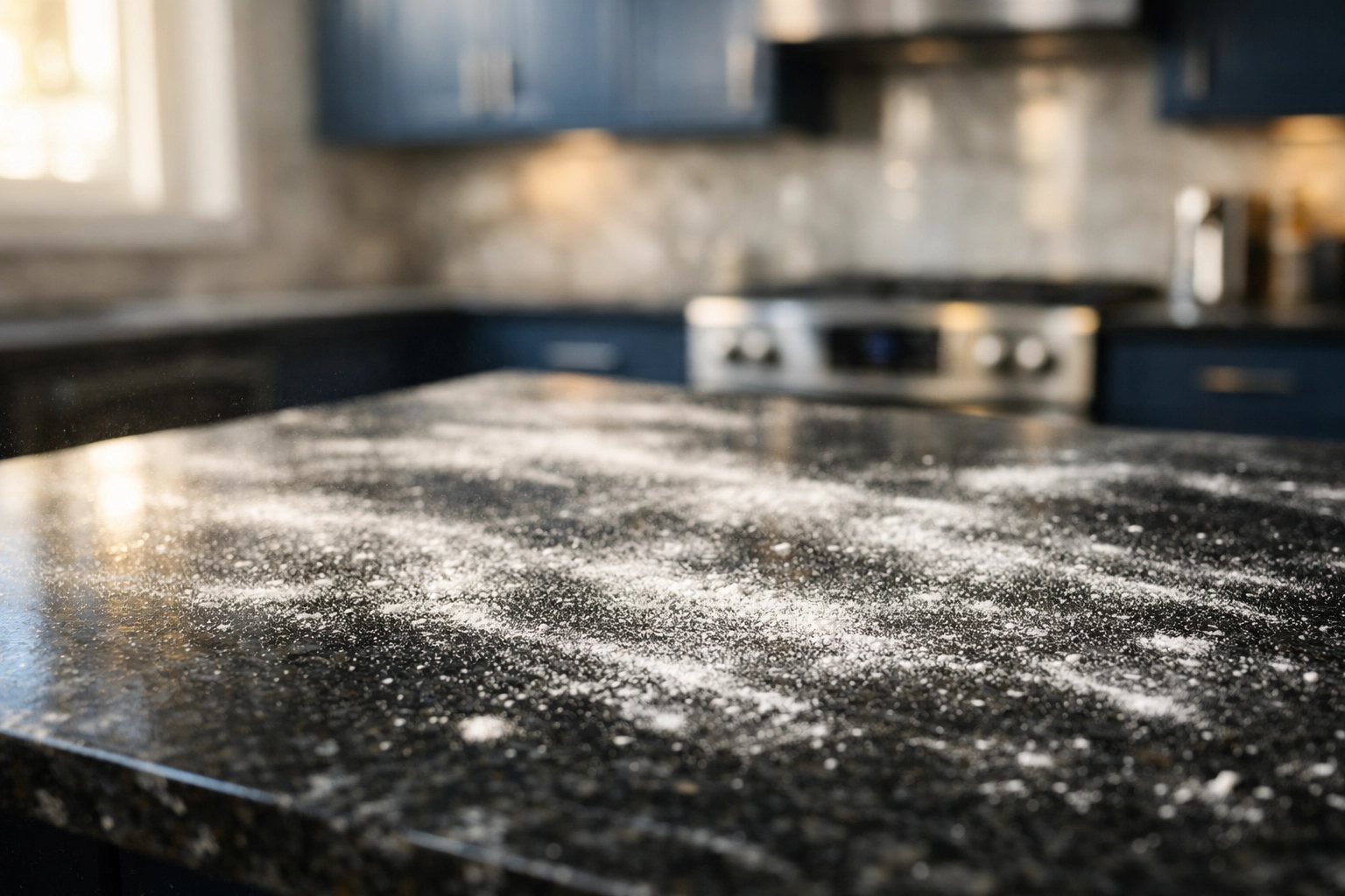Close-up of fine drywall dust on a dark granite countertop in a newly renovated Bolton kitchen.