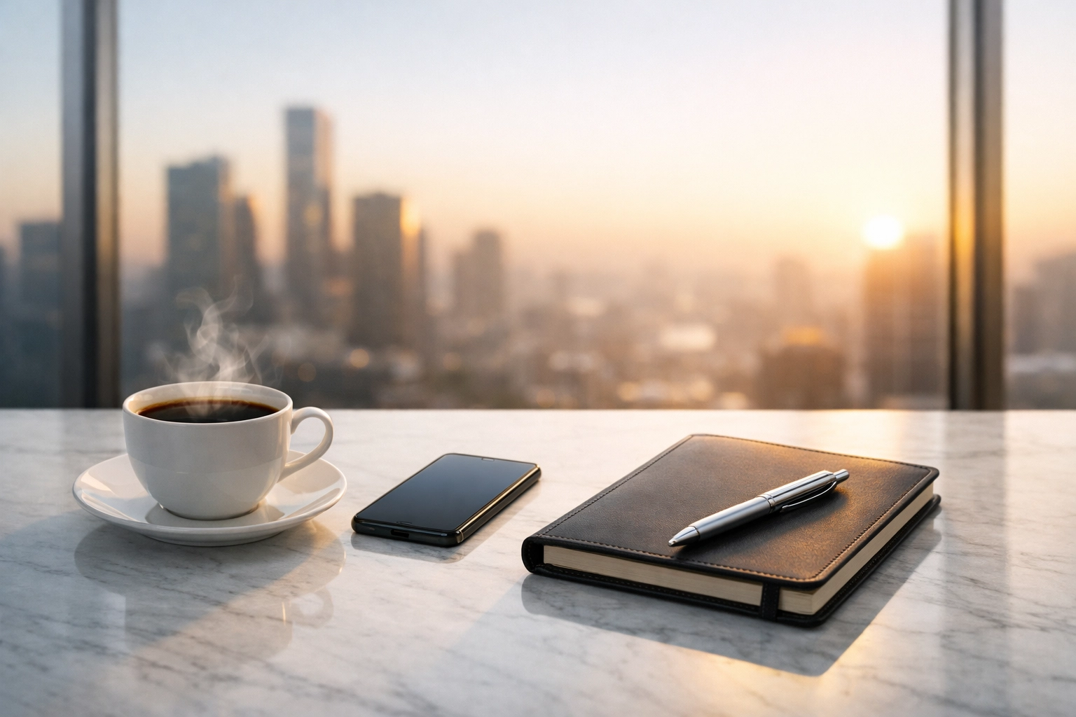 Professional executive office desk at dawn representing the Dakdan Worldwide 9AM Daily Autopilot system.