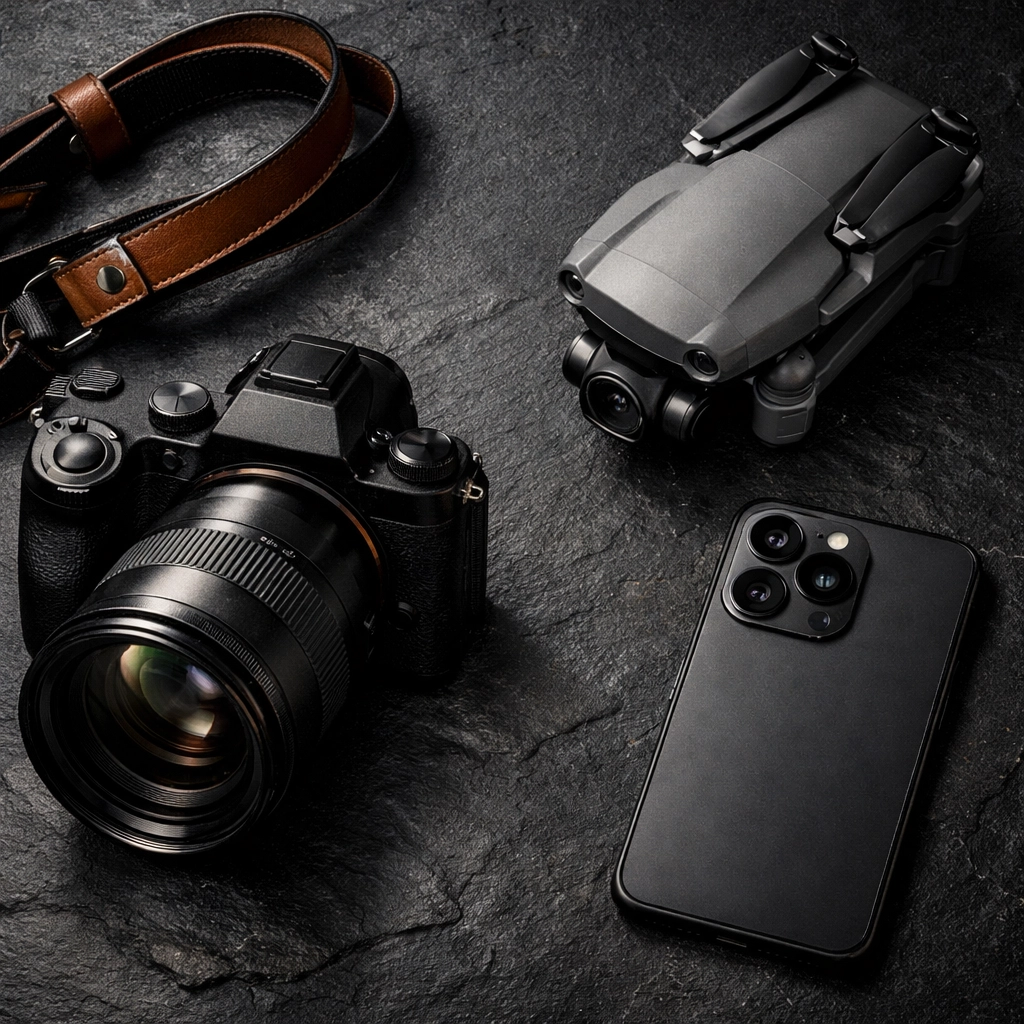 Modern travel photography gear flat lay featuring mirrorless cameras and smartphone photo tech.