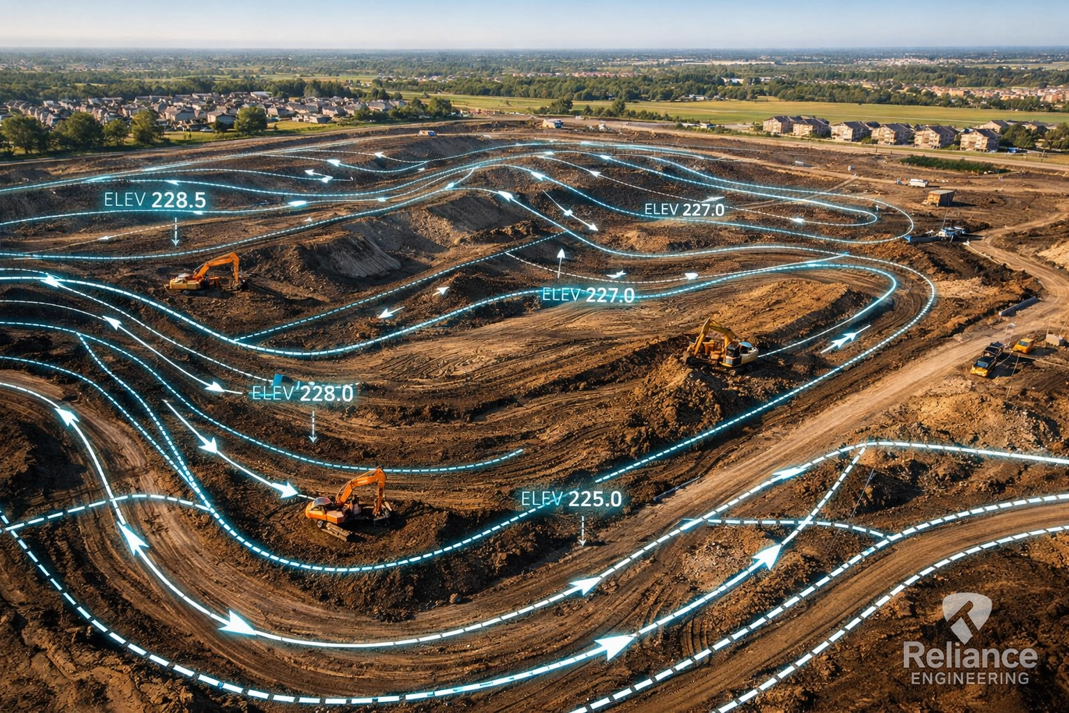 Aerial view of an Ontario development site with a technical site grading plan and drainage overlay.