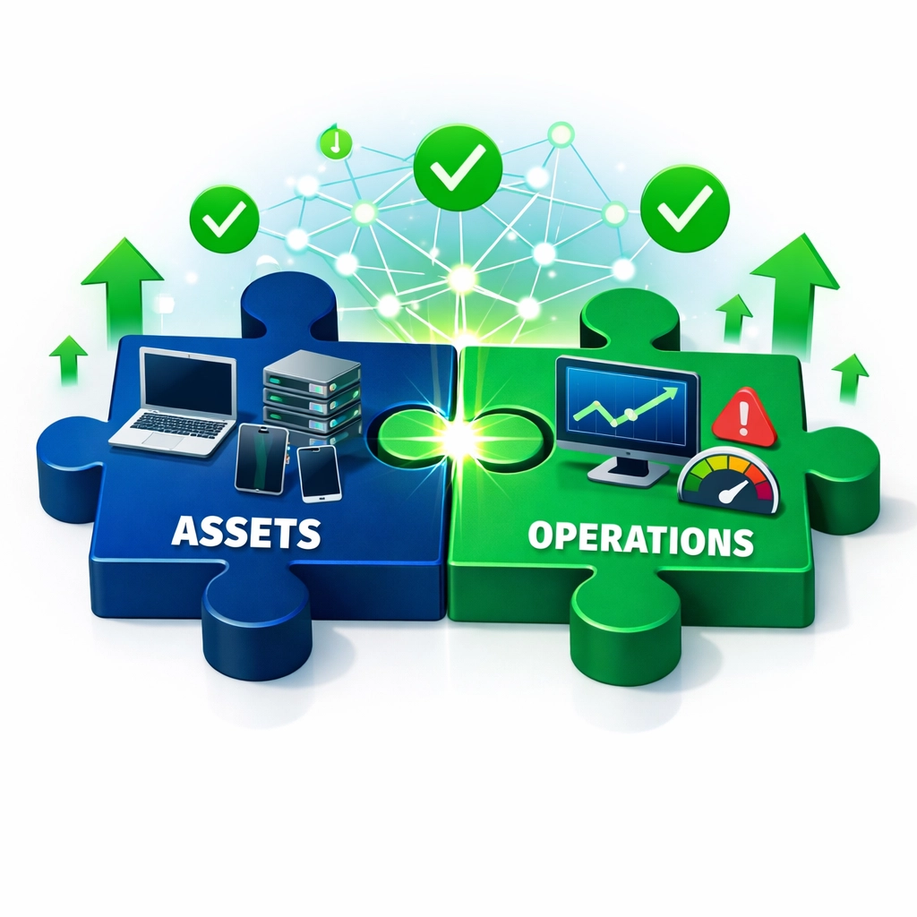 ITAM and ITOM integration visualization showing unified ServiceNow platform benefits