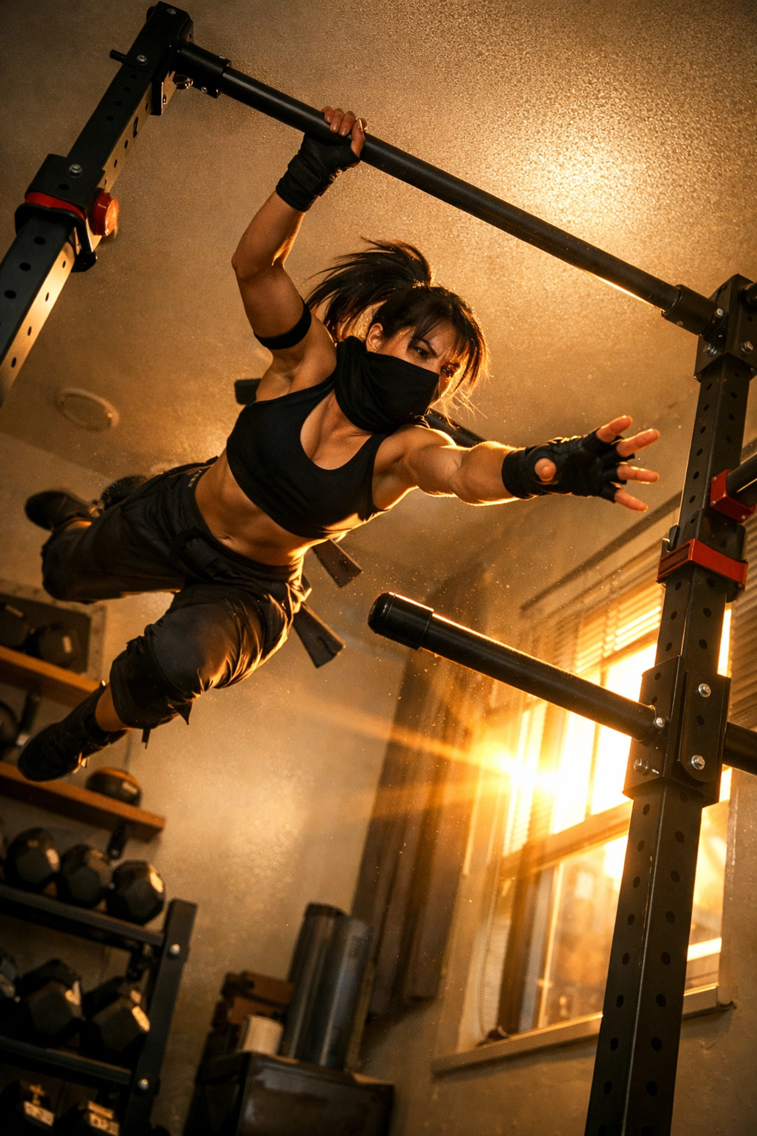 Ninja warrior training on adjustable bars in compact home gym space