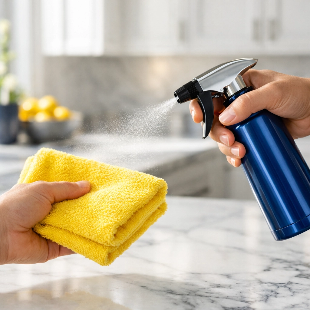 Spraying cleaner onto a microfiber cloth for expert house cleaning Townsend MA in a modern kitchen.