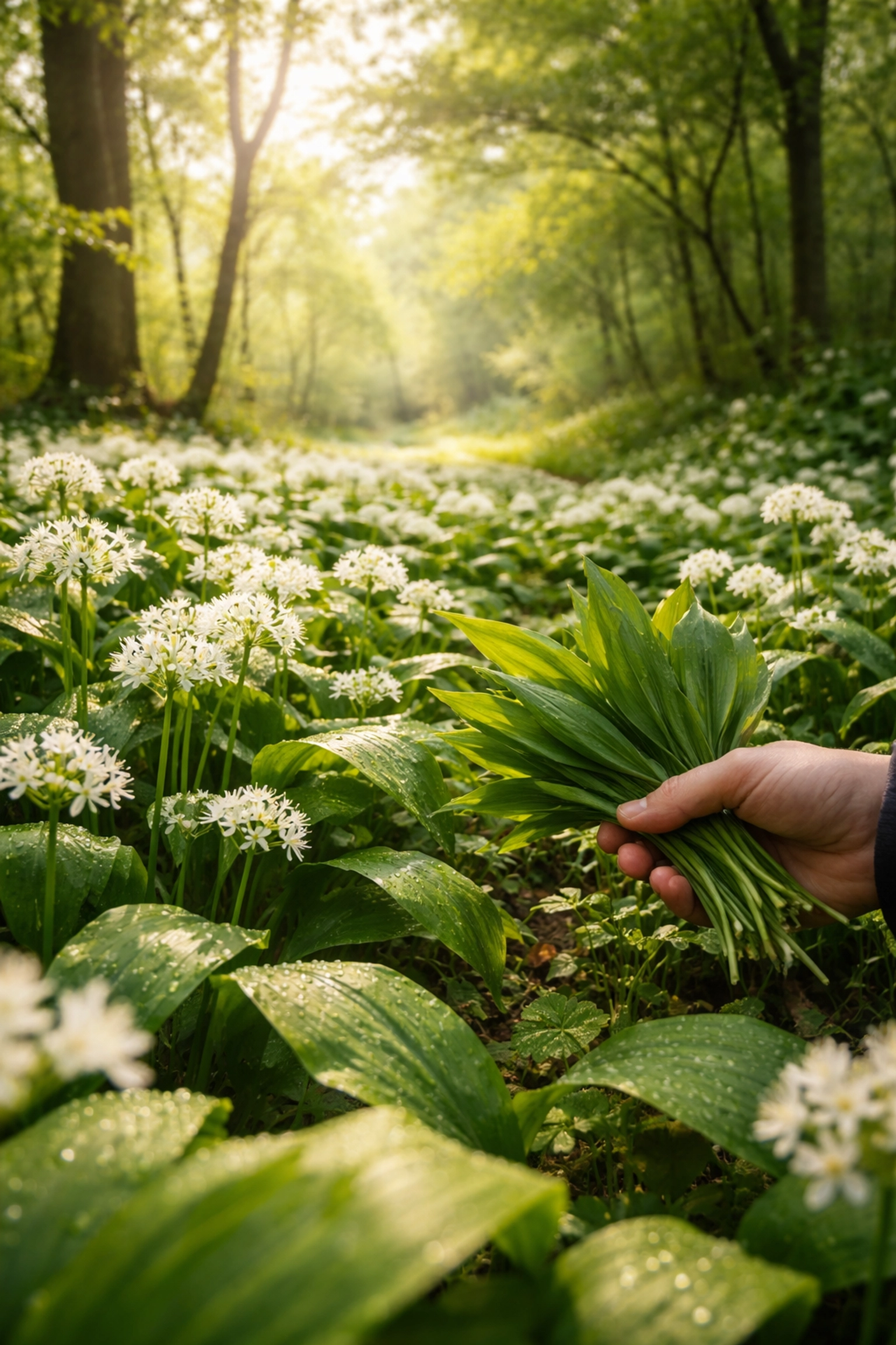Forager holding fresh wild garlic leaves in a sunlit British woodland, highlighting edible plant identification.