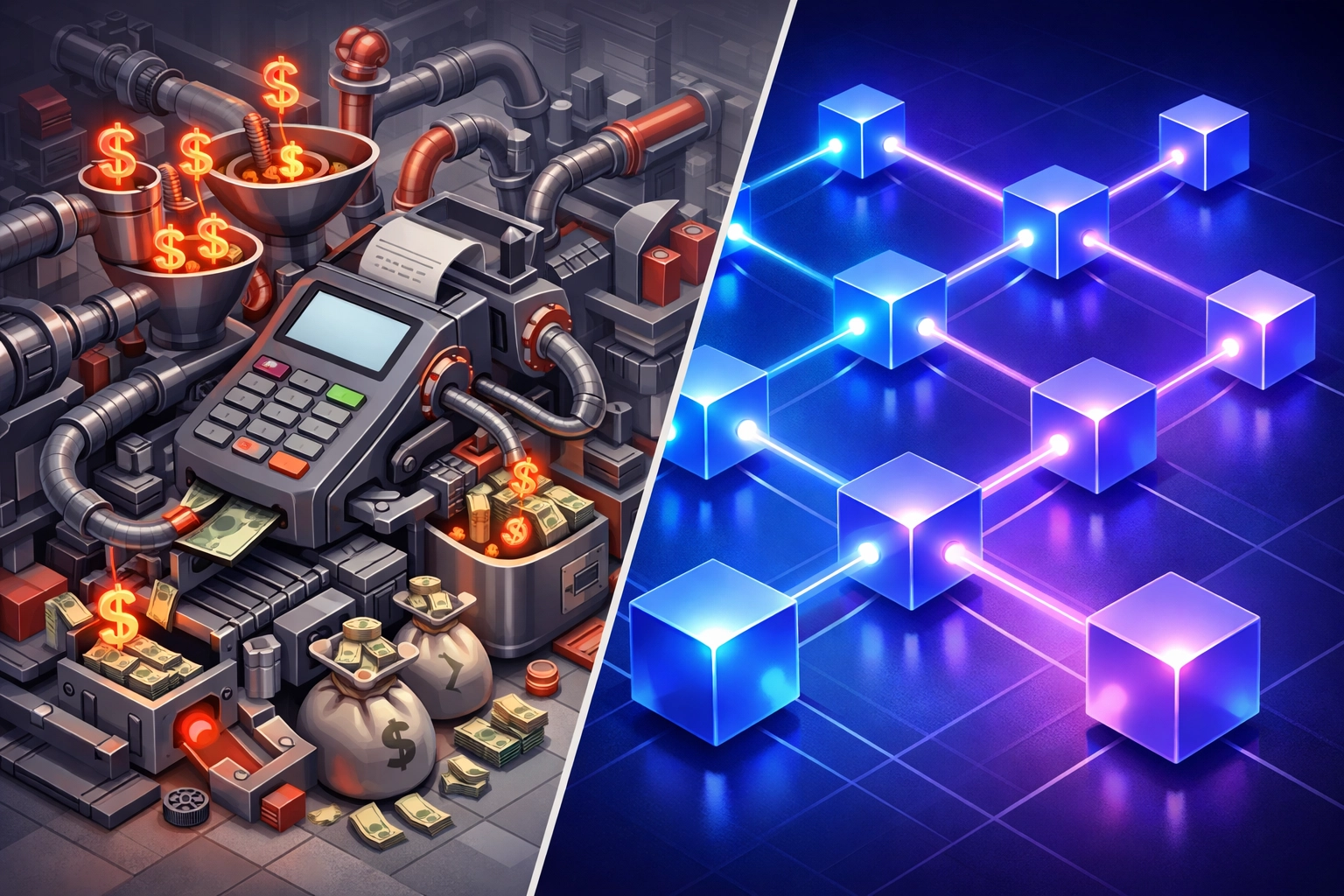 Traditional payment processor fees compared to blockchain network efficiency and cost savings