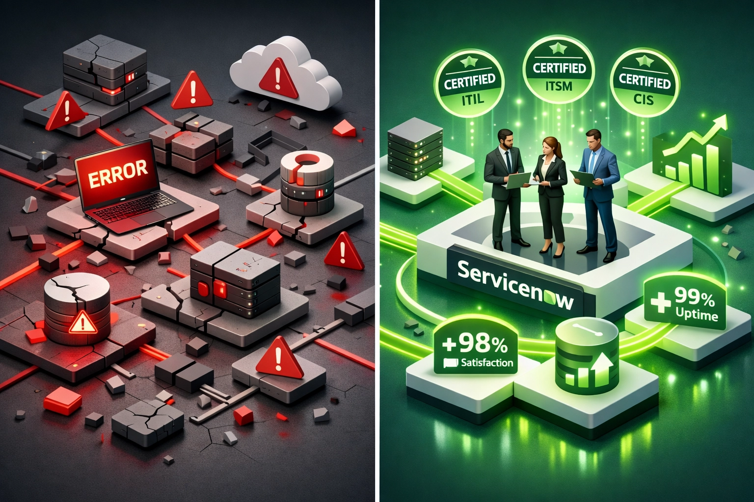 Comparison of failed versus successful ServiceNow ITOM implementation partner outcomes