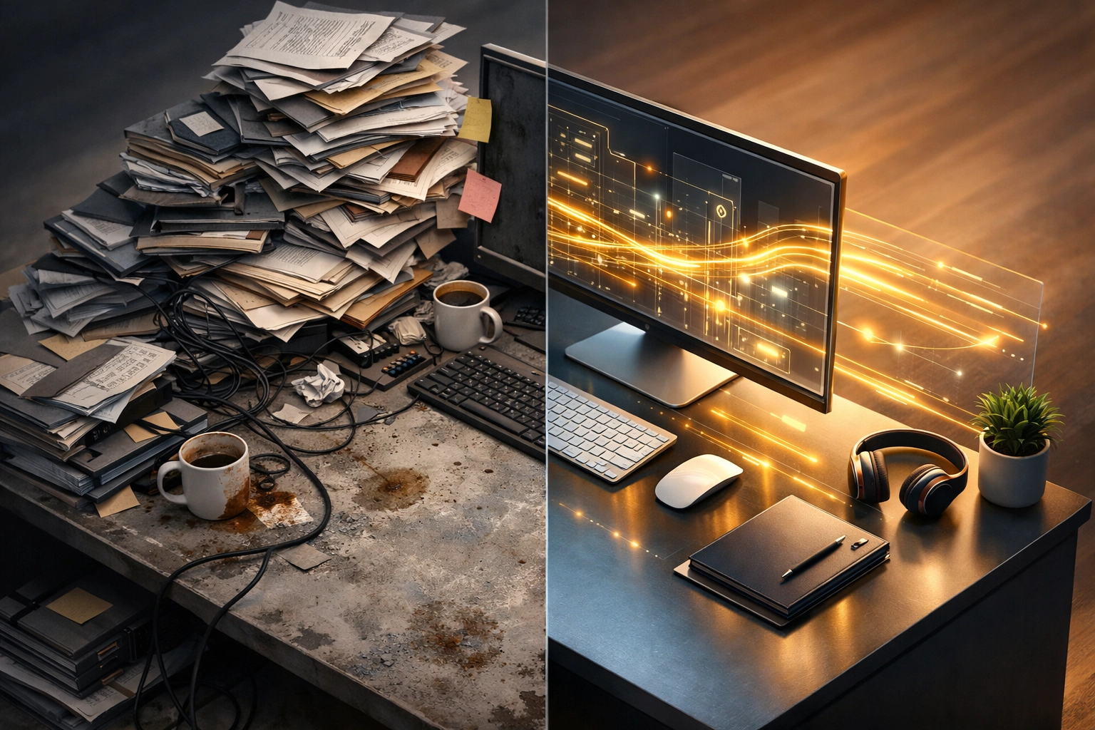 The Simple Trick to Improve Your Team’s Sanity Right Now: AI Automation for Small Business 2 Workflow automation transforming a chaotic paper-filled desk into a streamlined digital workspace for small business.