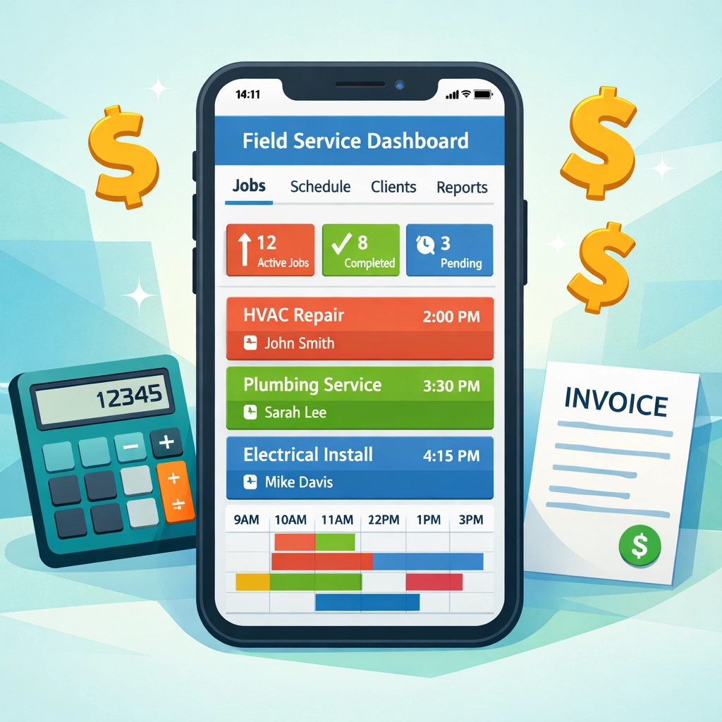 Field service management software dashboard showing scheduling and invoicing features