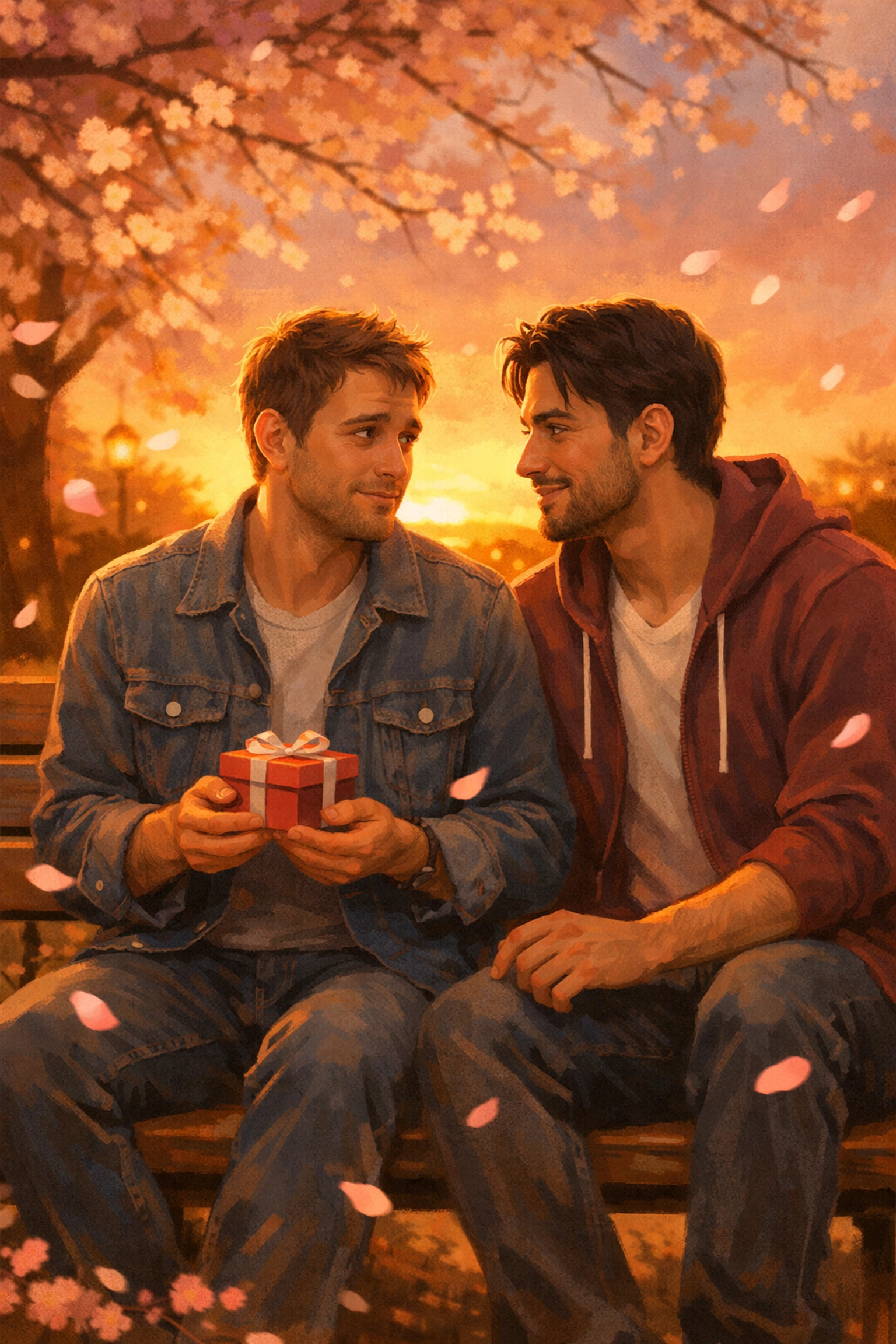 Two men sharing romantic moment on park bench at sunset in gay romance Valentine's Day scene