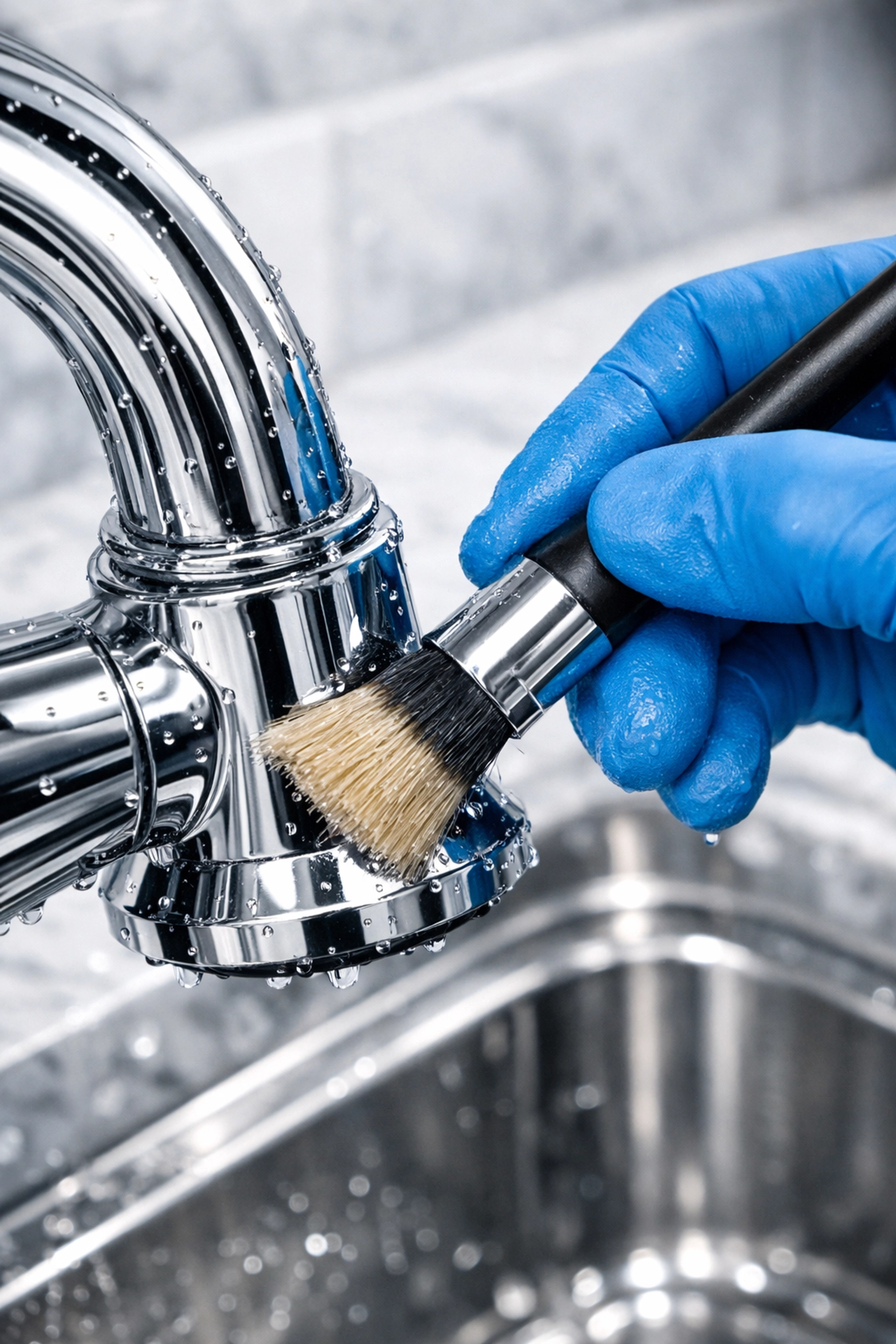 Detail-oriented deep cleaning of a chrome kitchen faucet by professional house cleaning services MA.