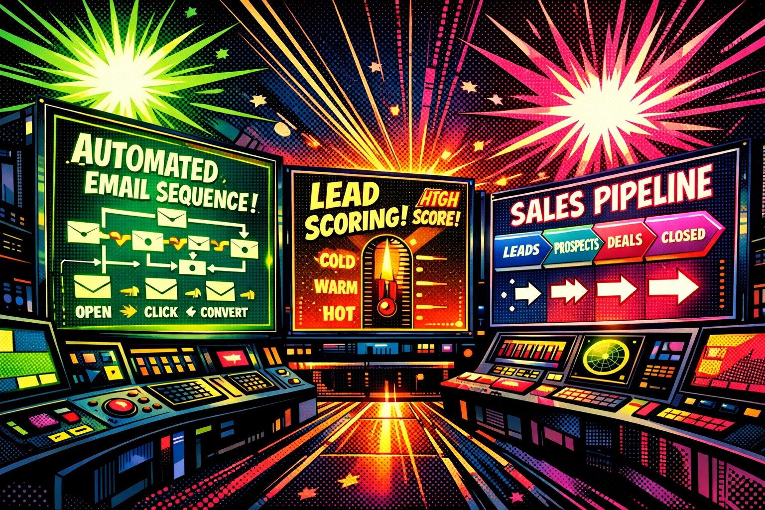 Automated pipeline control center showing lead scoring and email sequences