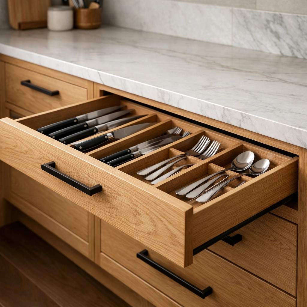 Modern Orlando kitchen remodeling featuring custom white oak cabinets and organized storage solutions.