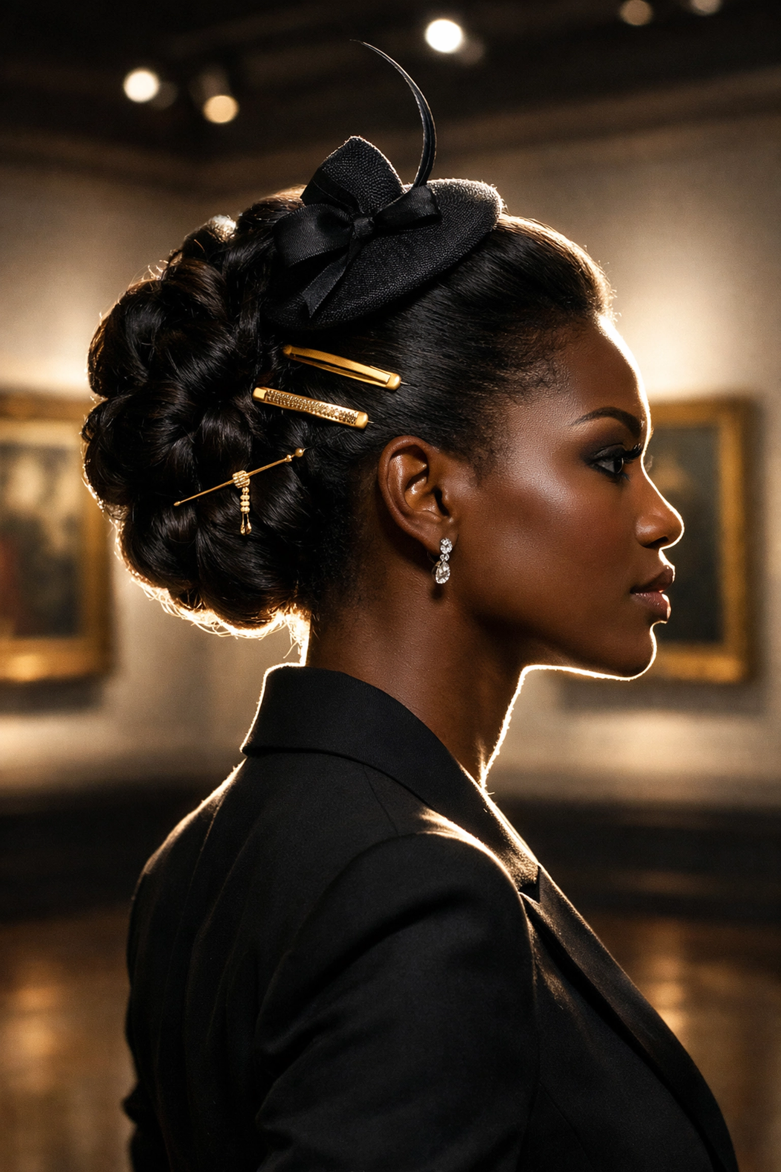 A woman wearing elegant gold hair barrettes and a black fascinator, showcasing boutique hair accessories.