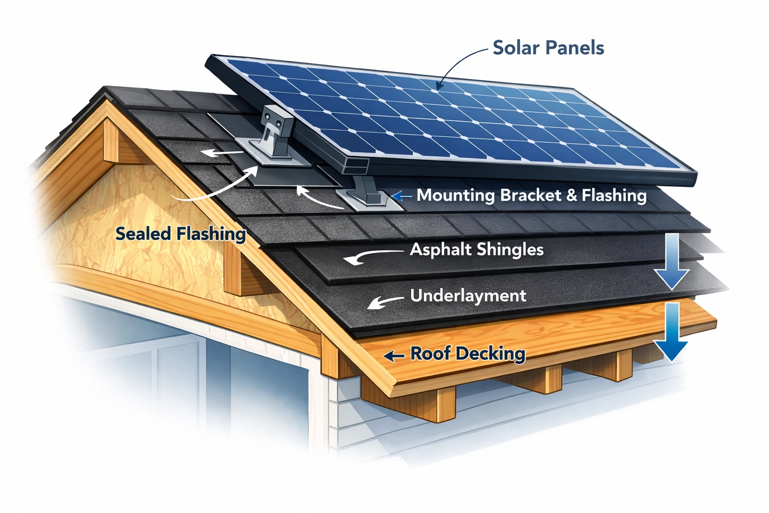 Cross-section diagram showing roof layers with solar panel mounting and proper flashing installation