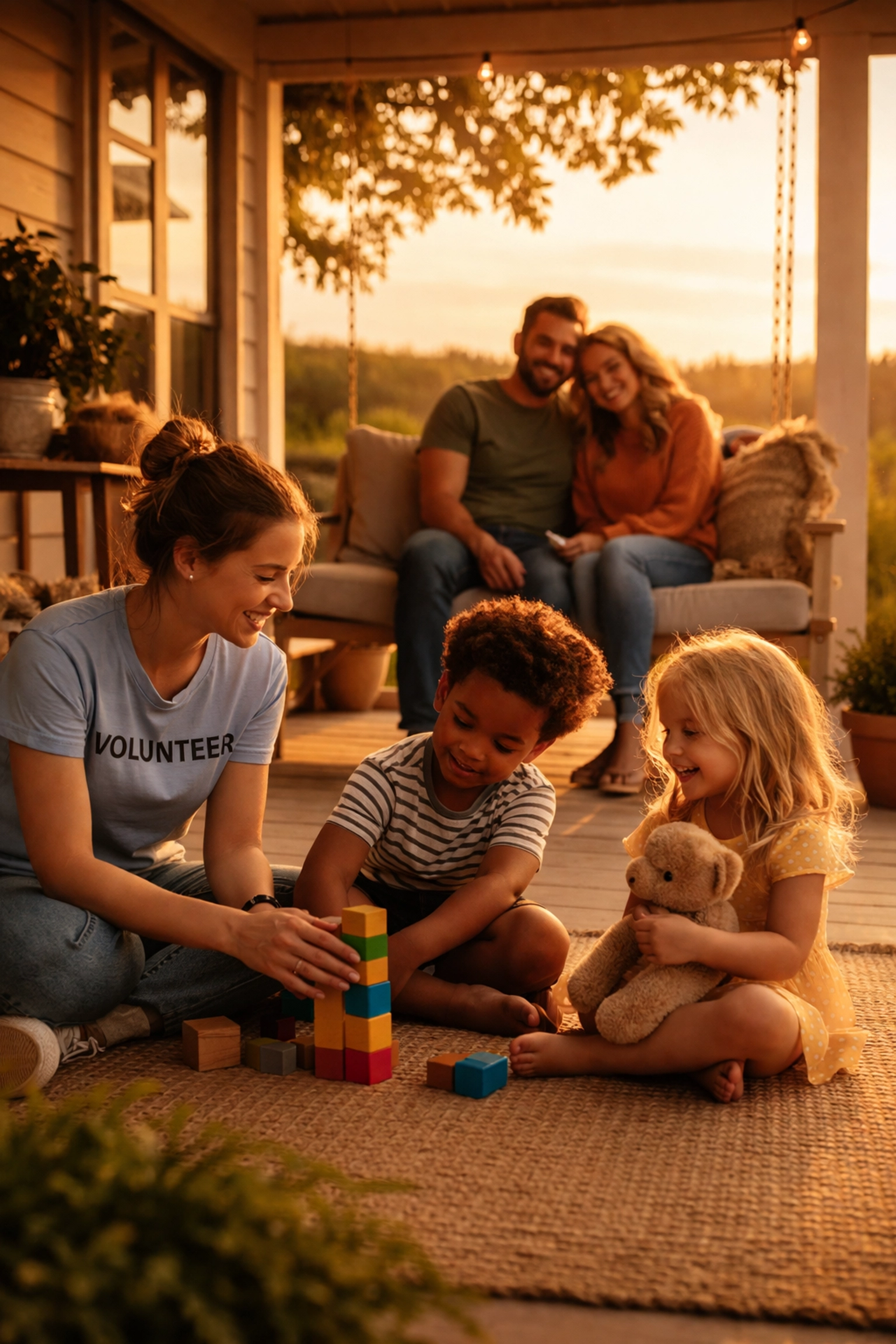 Foster family and volunteer enjoy a peaceful respite moment, supported by Kids Cove fundraising efforts.