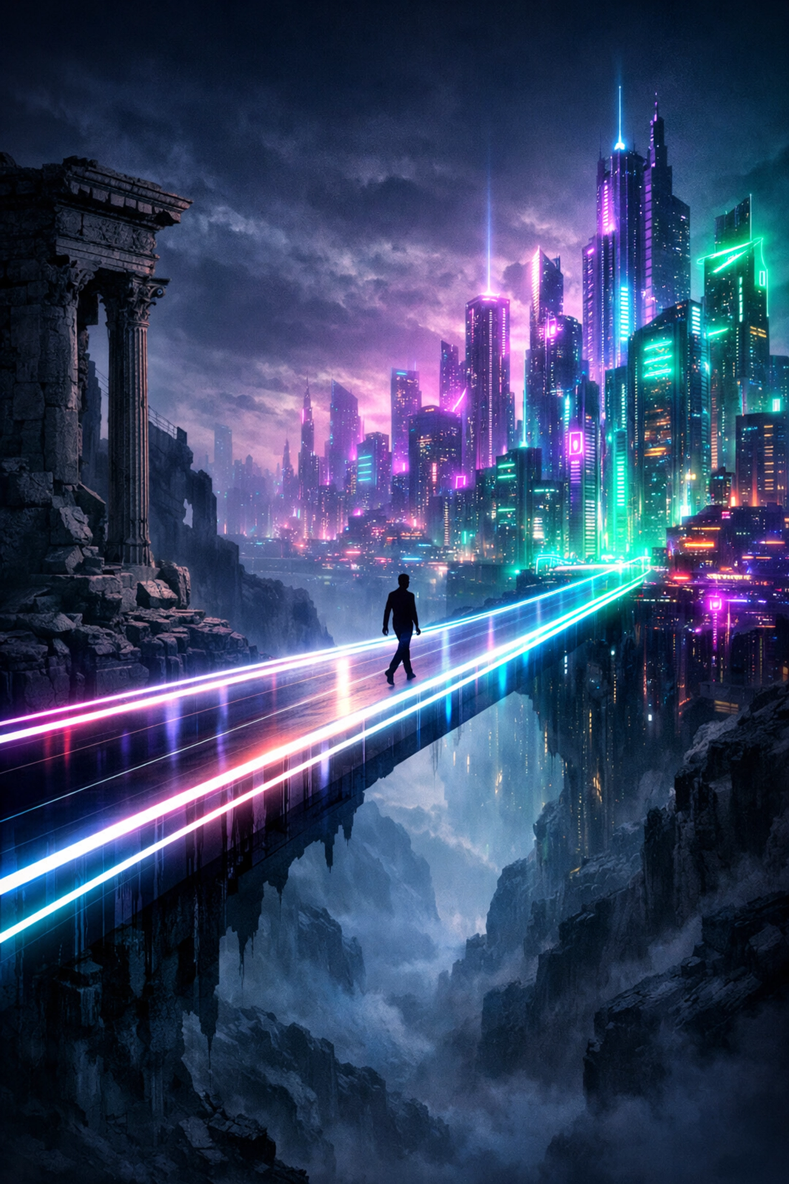 A digital bridge crossing from traditional campus education into a high-tech city of AI career opportunities.