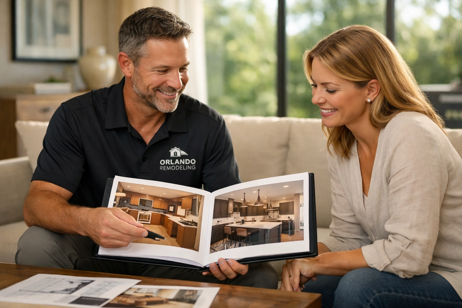 A remodeling expert showing a portfolio of successful home renovations to an Orlando homeowner.