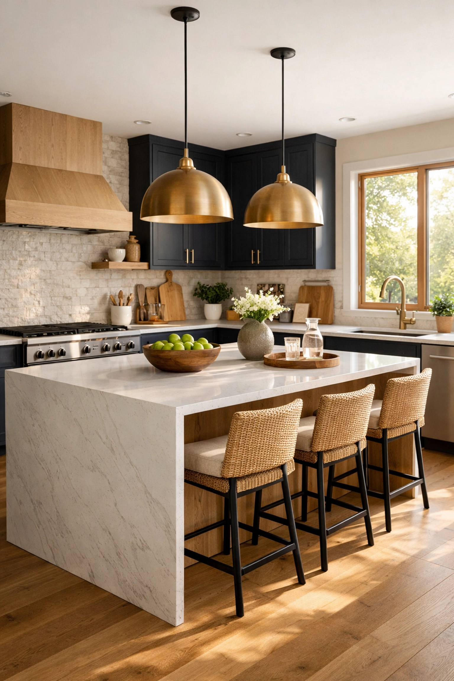 Modern organic kitchen in a Columbus home featuring a white oak island and quartz countertops.