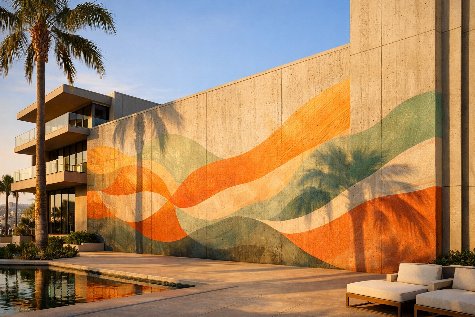 Large-scale architectural mural with organic shapes on a San Diego building at golden hour.